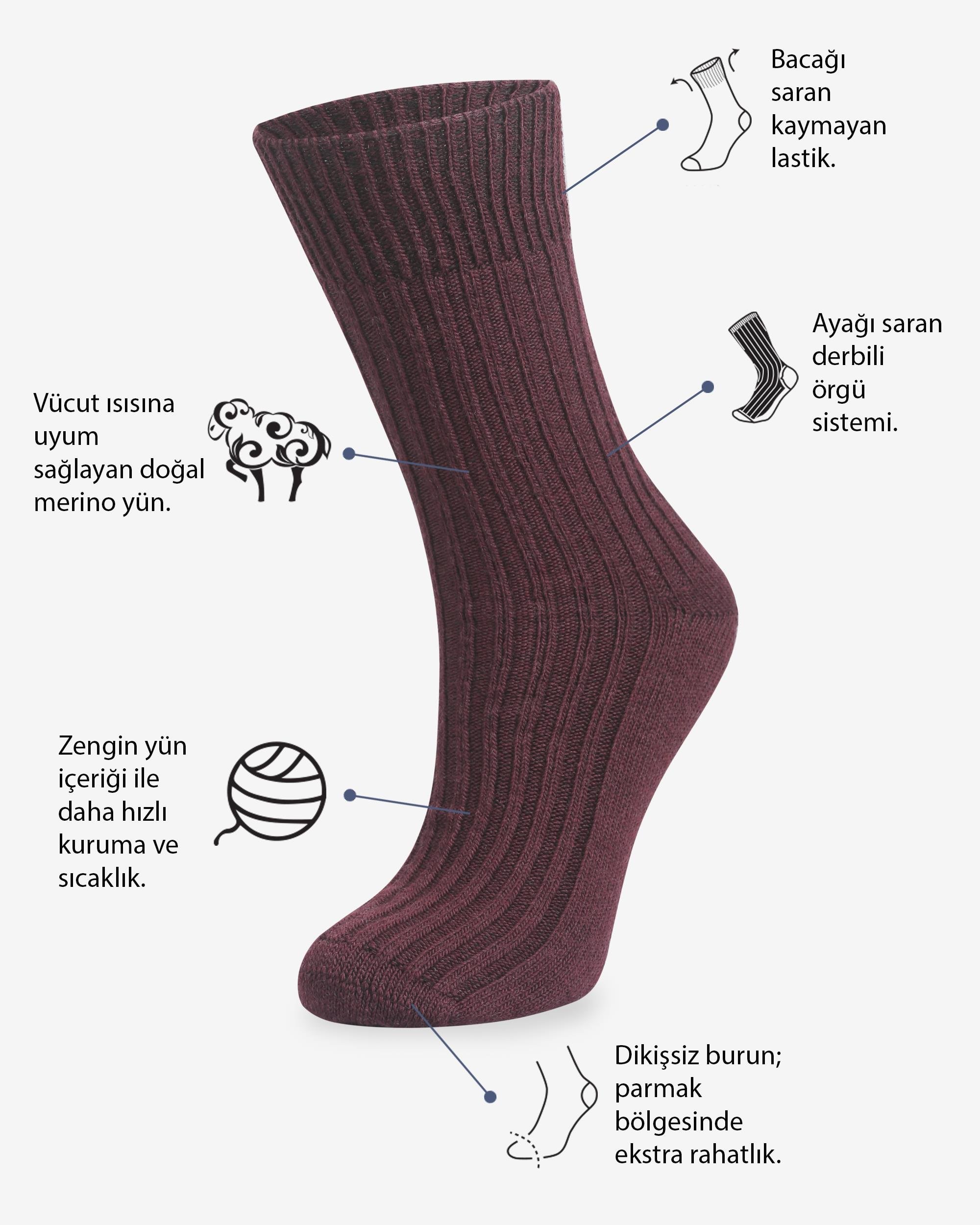 Merino Bordo Yün Kadın Çorap
