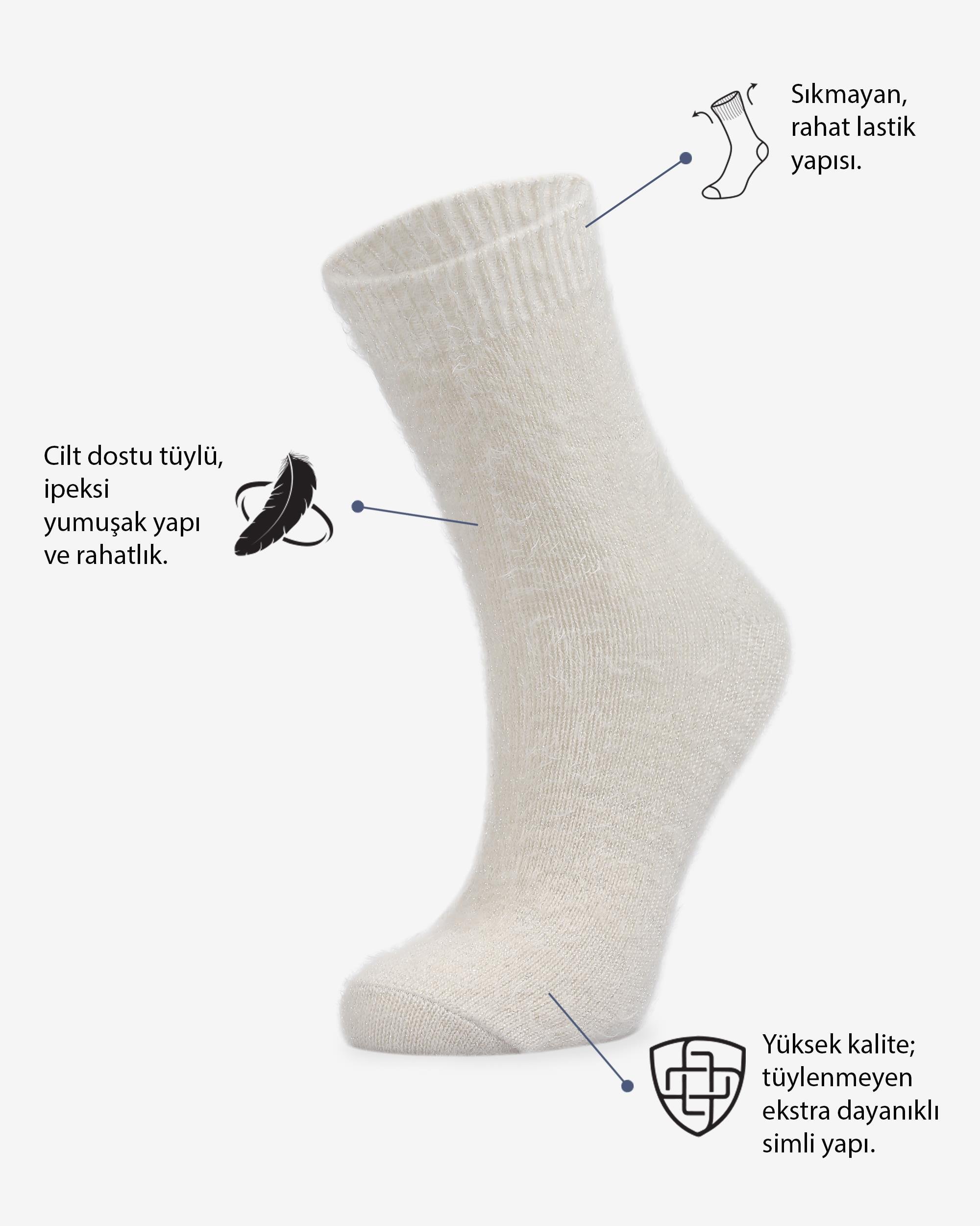 Tüylü Simli Kadın Çorap Krem