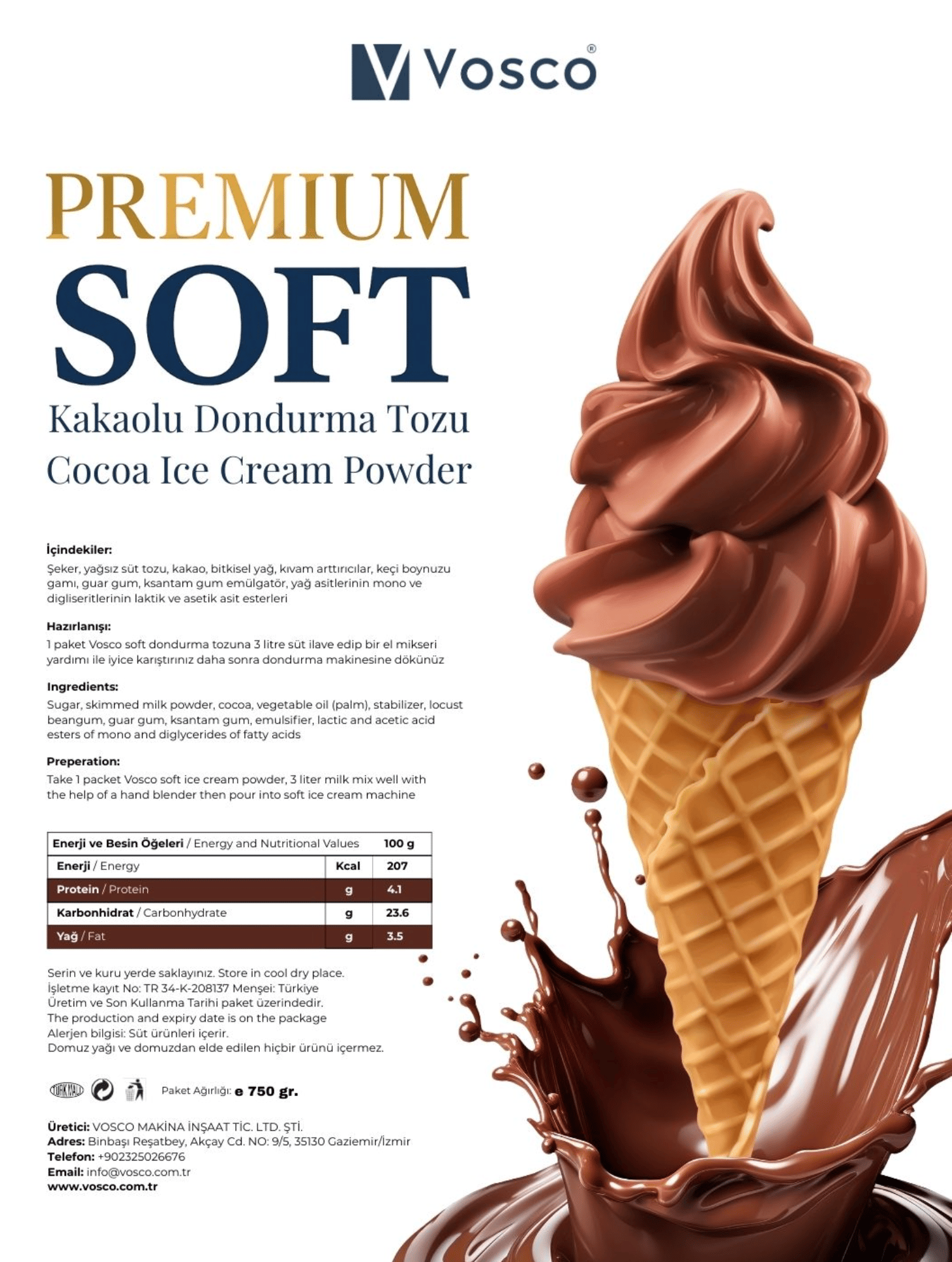 Premium Soft Kakaolu Dondurma Tozu - Soft Dondurma Karışımı 750 g