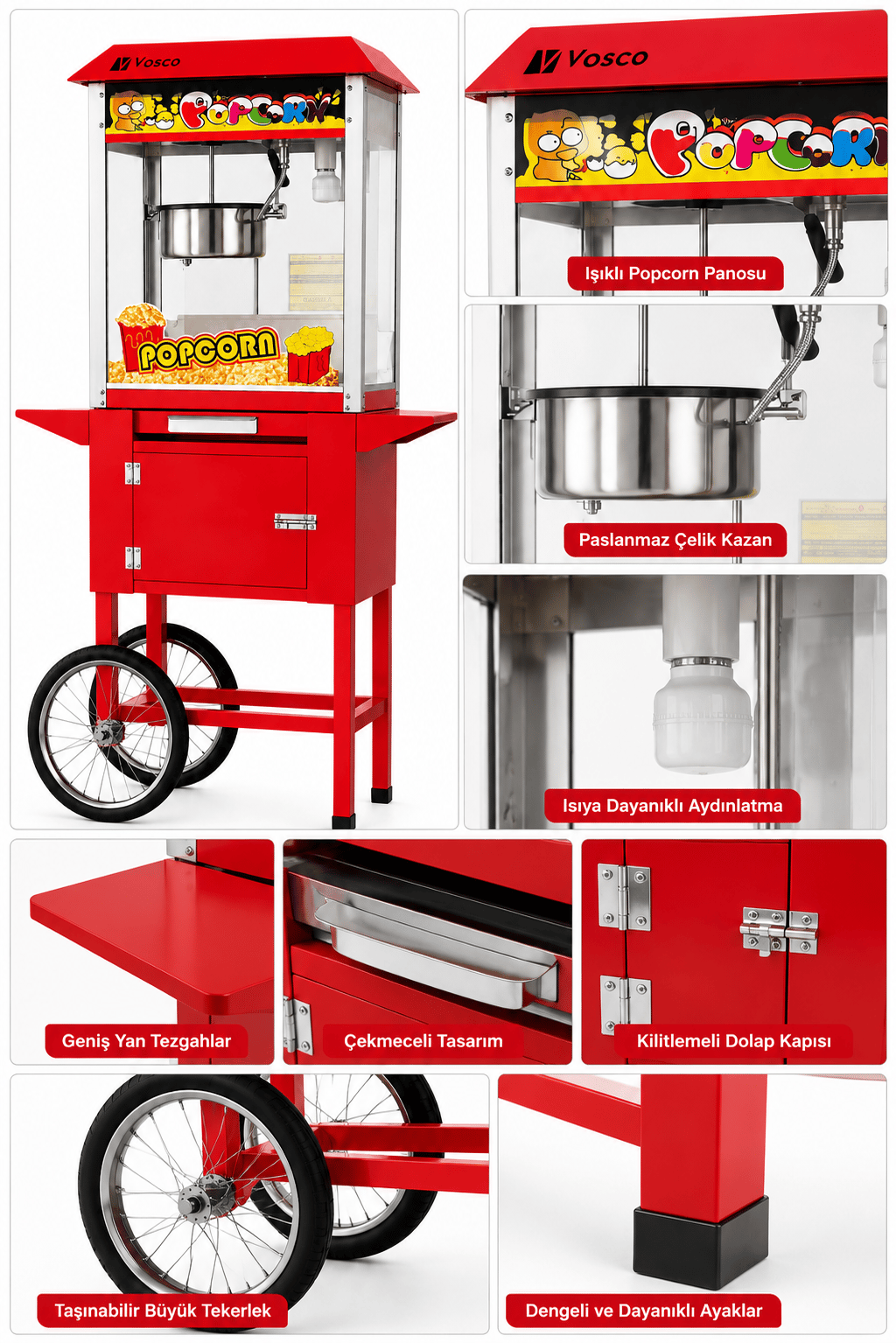 Vosco Arabalı Otomatik Patlamış Mısır Makinesi - Profesyonel Popcorn Makinesi 1600W