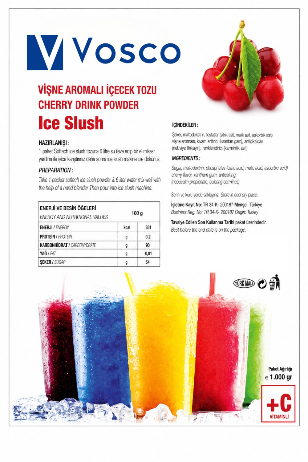 VOSCO İÇECEK TOZU VİŞNE 1000 GR