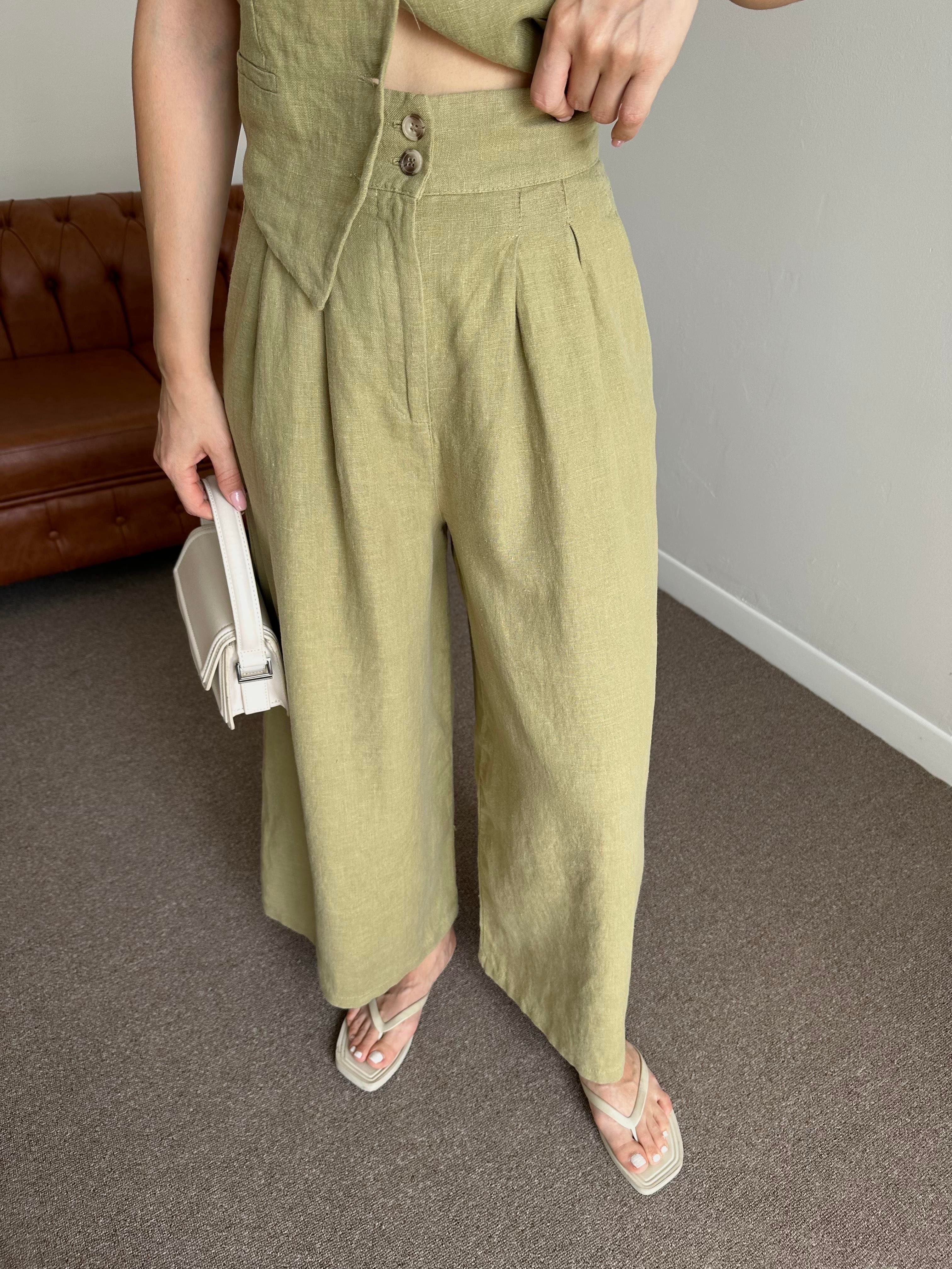 %100 HAM KETEN MARKA MODEL YEŞİL PANTOLON