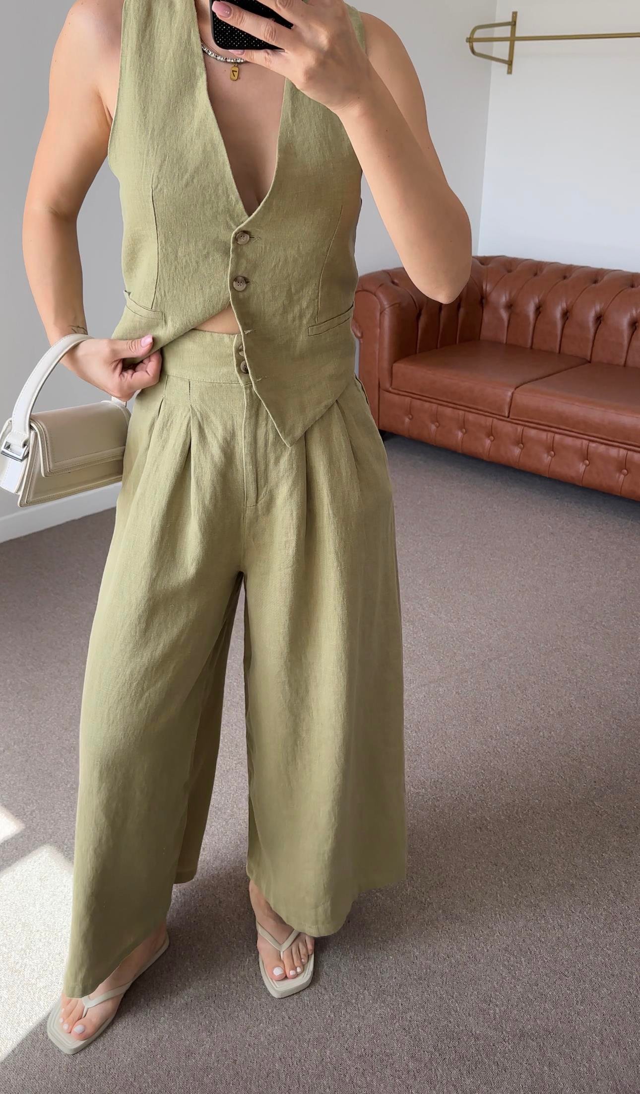 %100 HAM KETEN MARKA MODEL YEŞİL PANTOLON