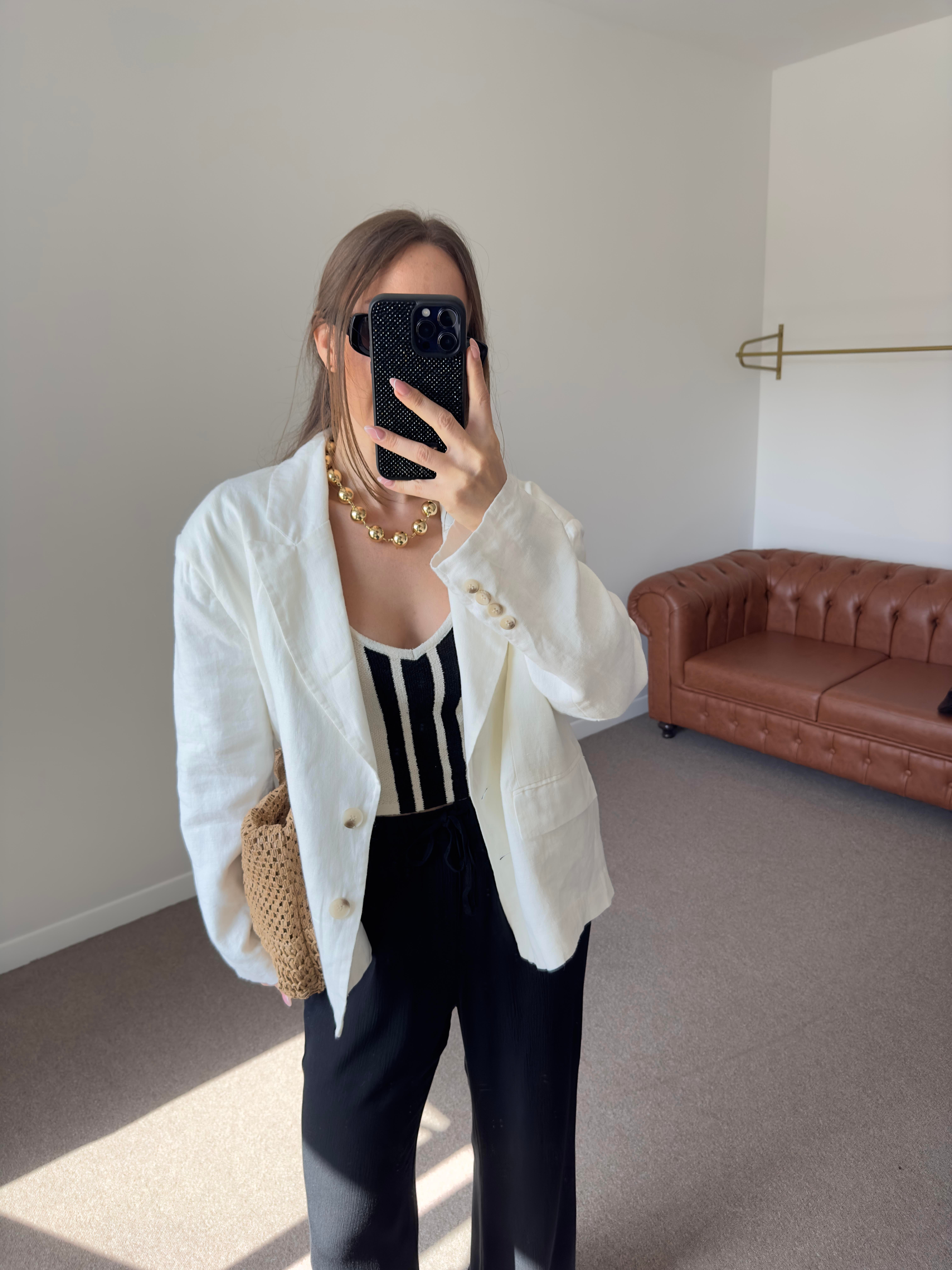 BEYAZ ASTARLI %100 KETEN BLAZER CEKET