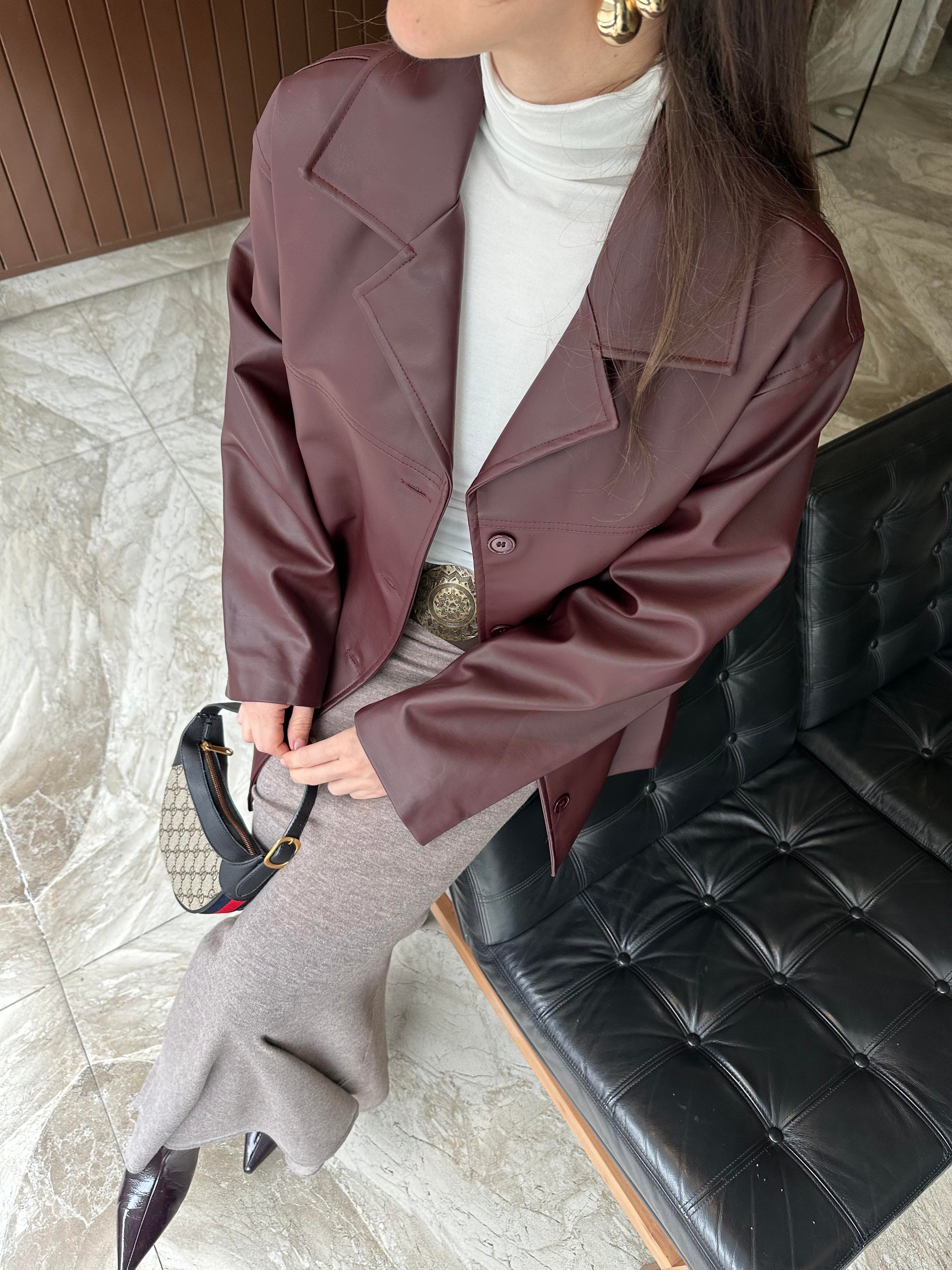 BORDO DÜĞMELİ DERİ BLAZER CEKET