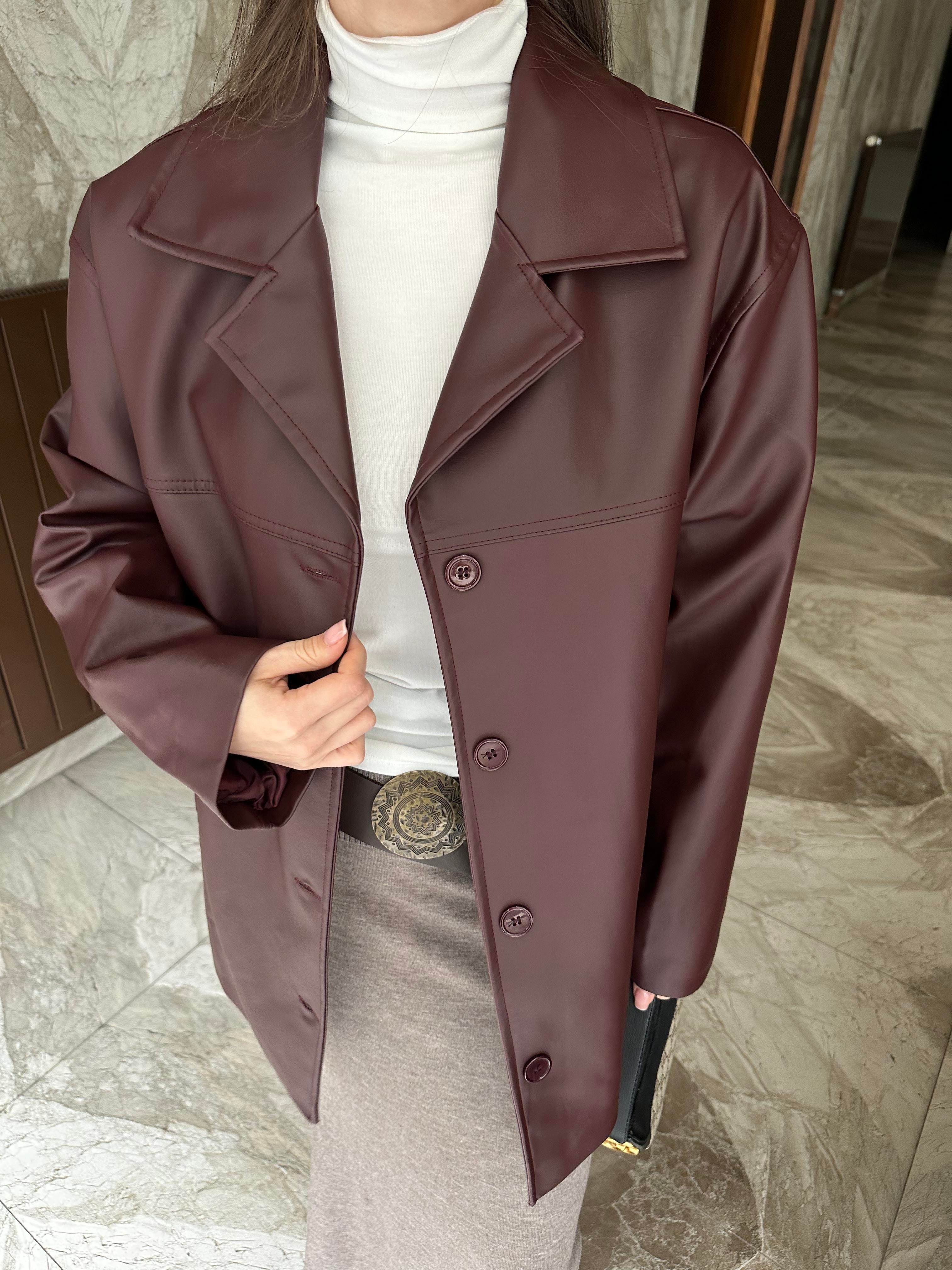 BORDO DÜĞMELİ DERİ BLAZER CEKET