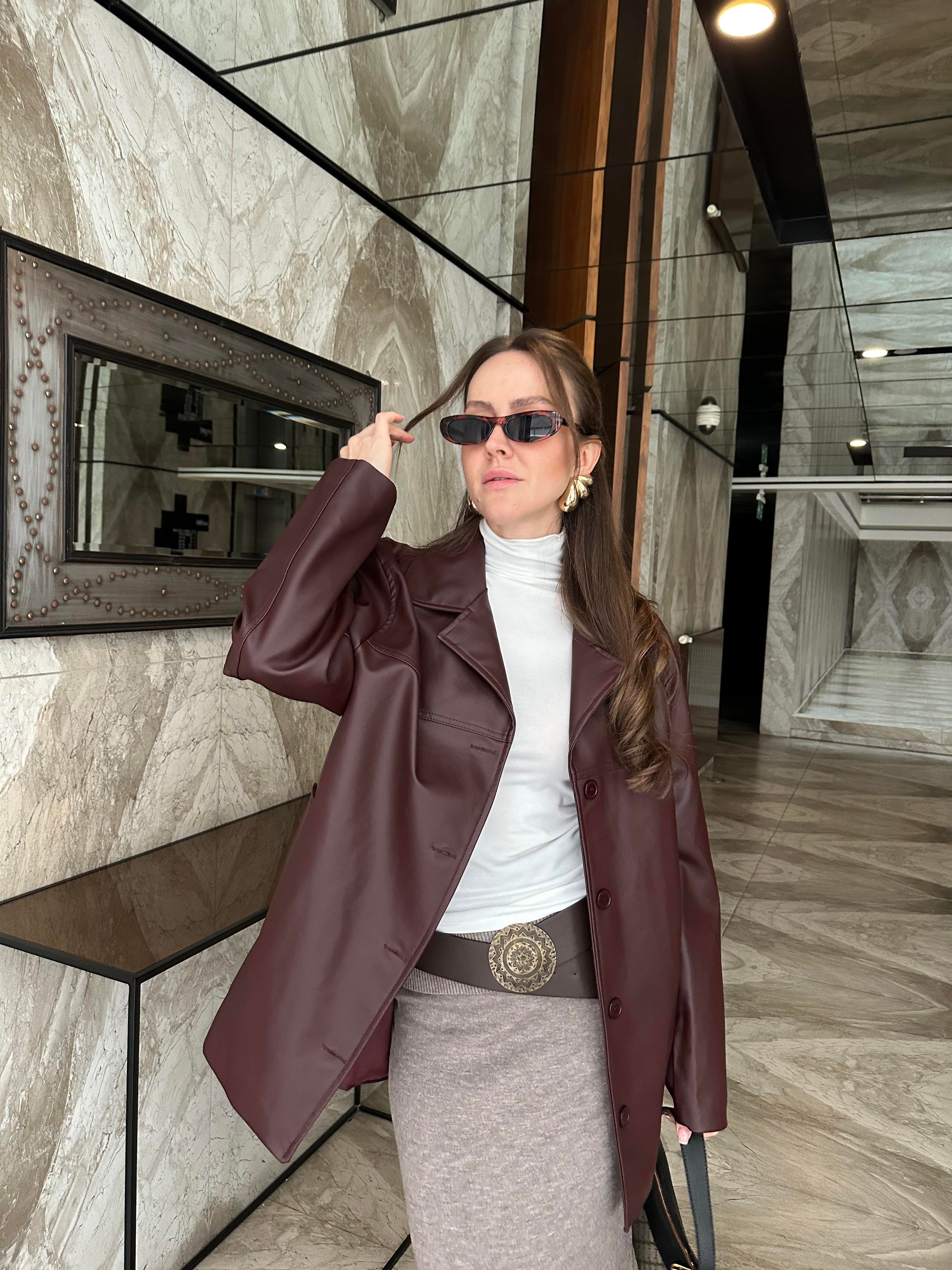 BORDO DÜĞMELİ DERİ BLAZER CEKET