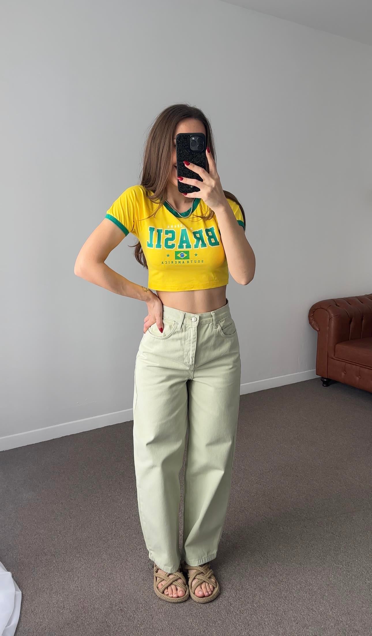 BRASİL SARI BASKILI CROP T-SHİRT