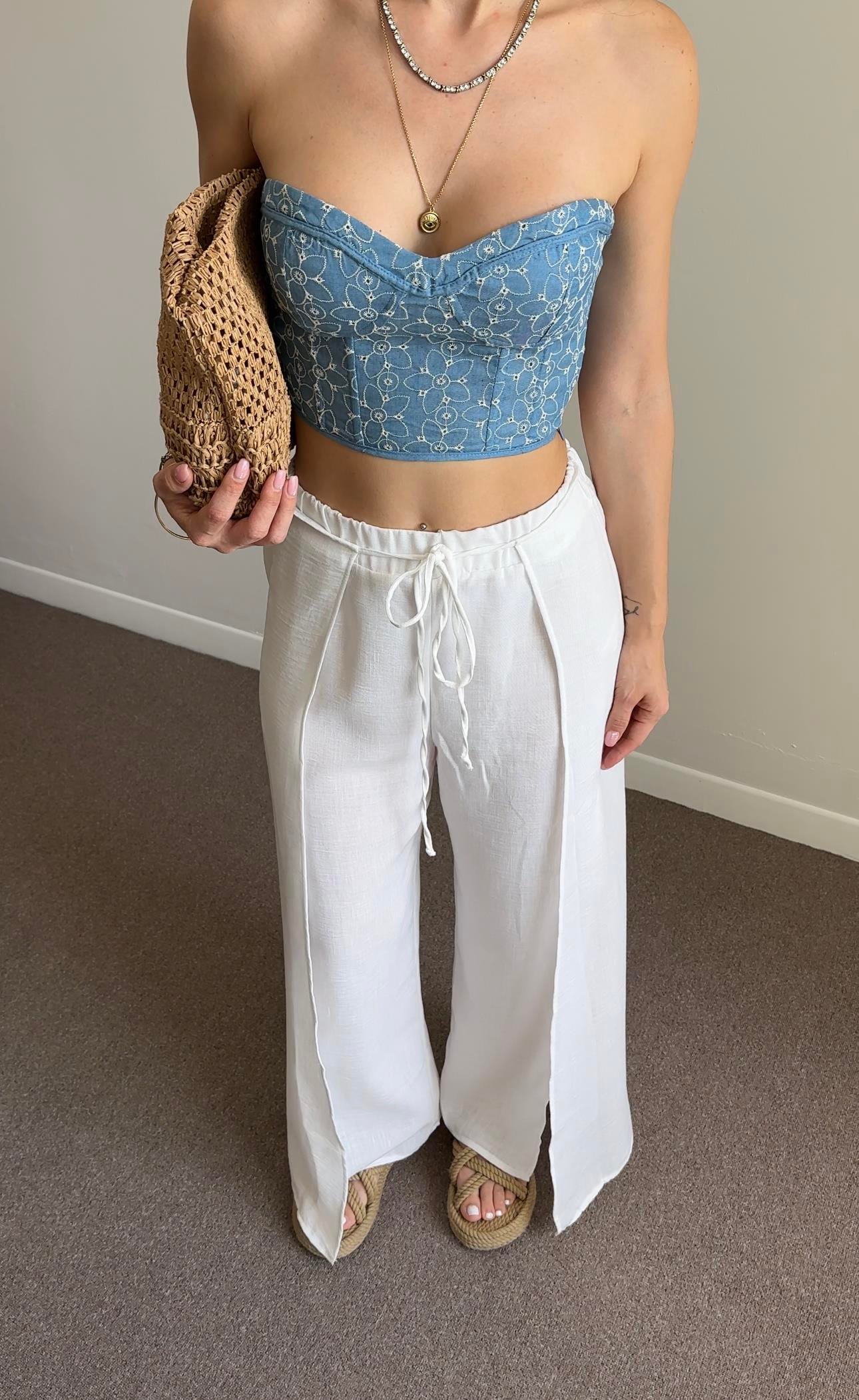 ÇİÇEK DESENLİ MAVİ CROP BLUZ