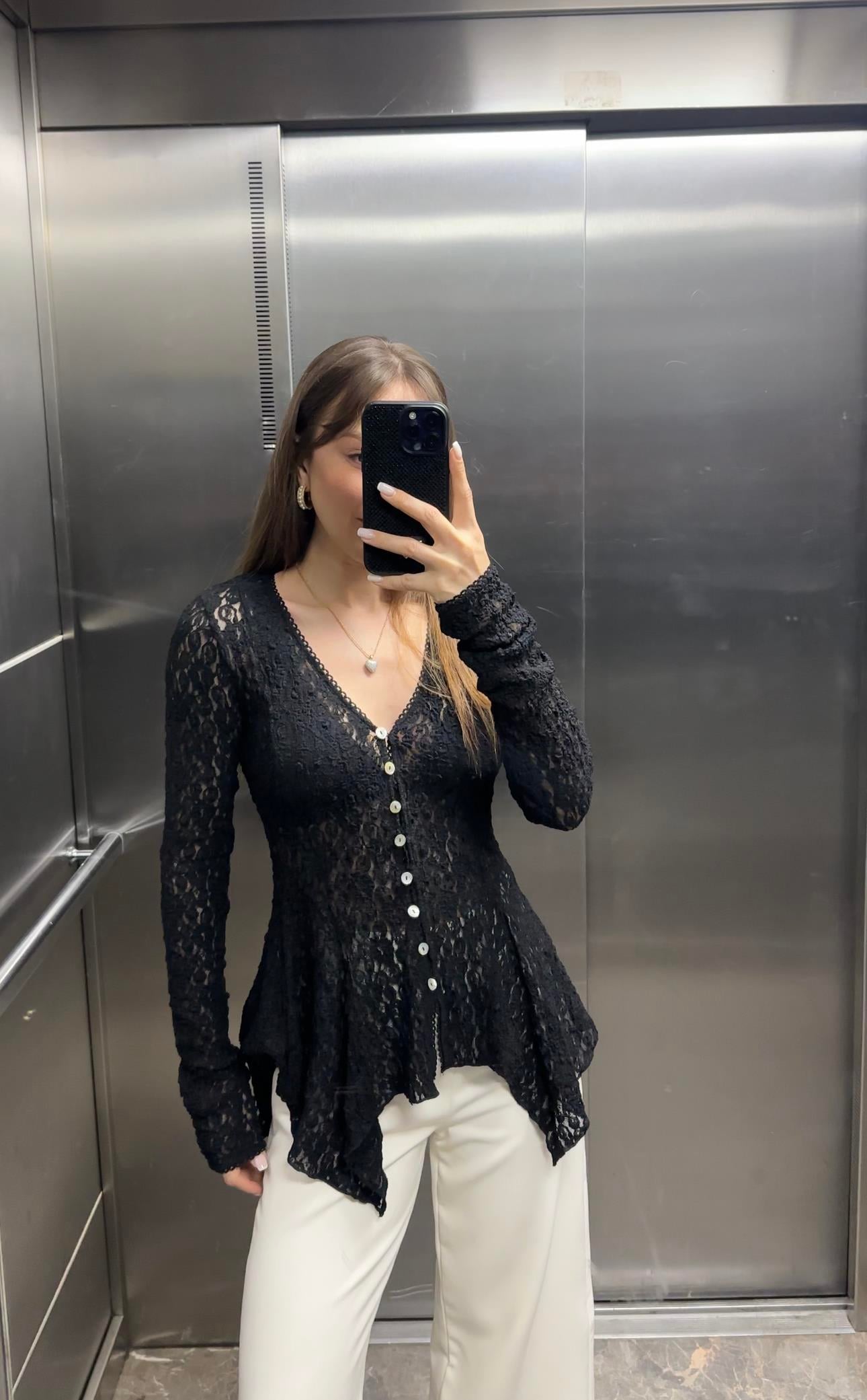 DÜĞMELİ TRANSPARAN DANTEL HIRKA BLUZ