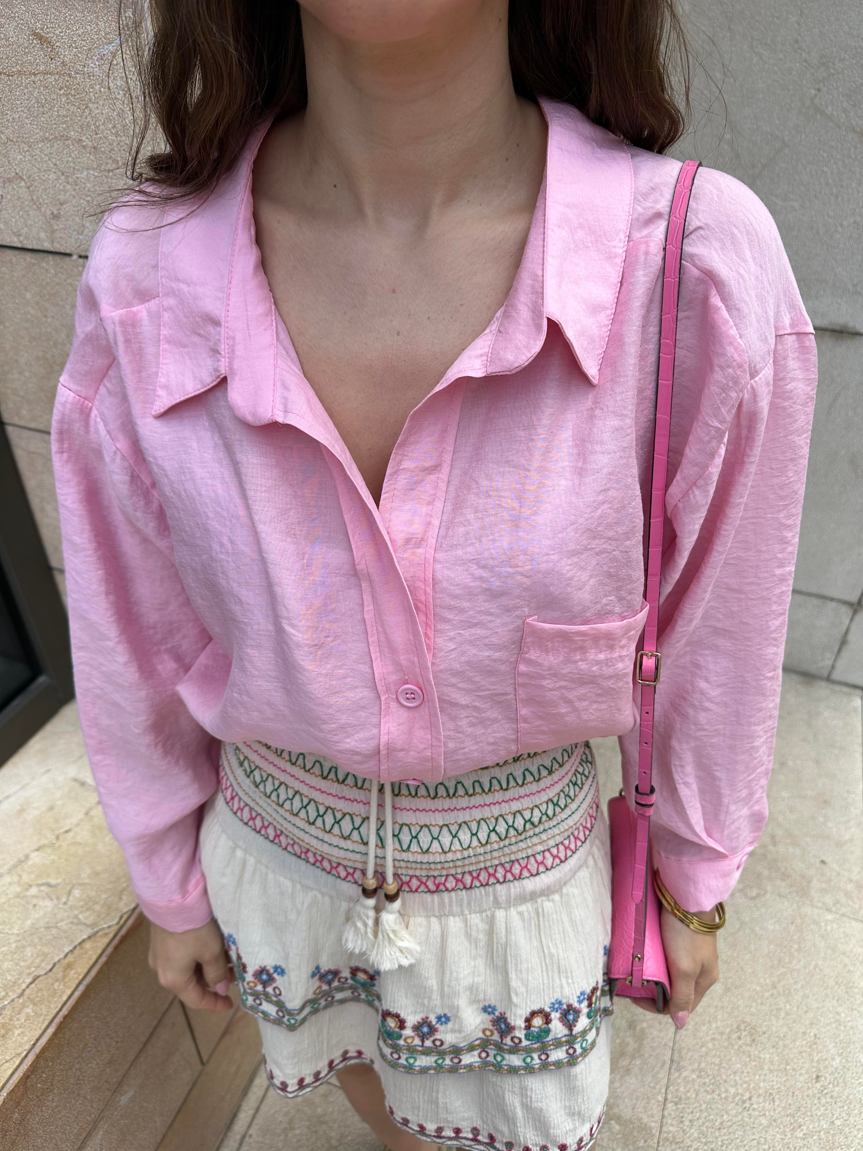 DÜŞÜK OMUZLU OVERSIZE PEMBE TENSEL GÖMLEK