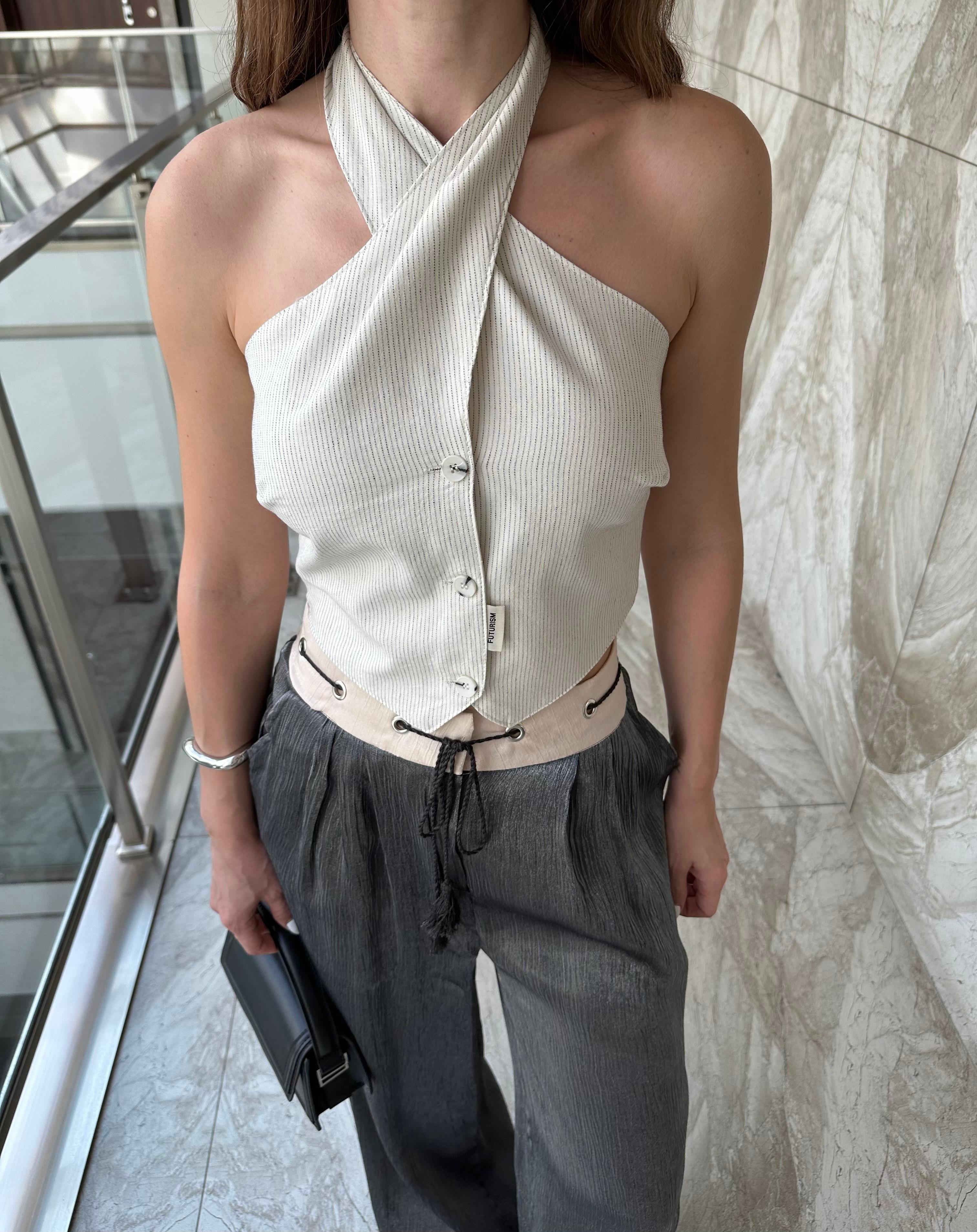 MARKA MODEL NATUREL KETEN ÇİZGİLİ BLUZ