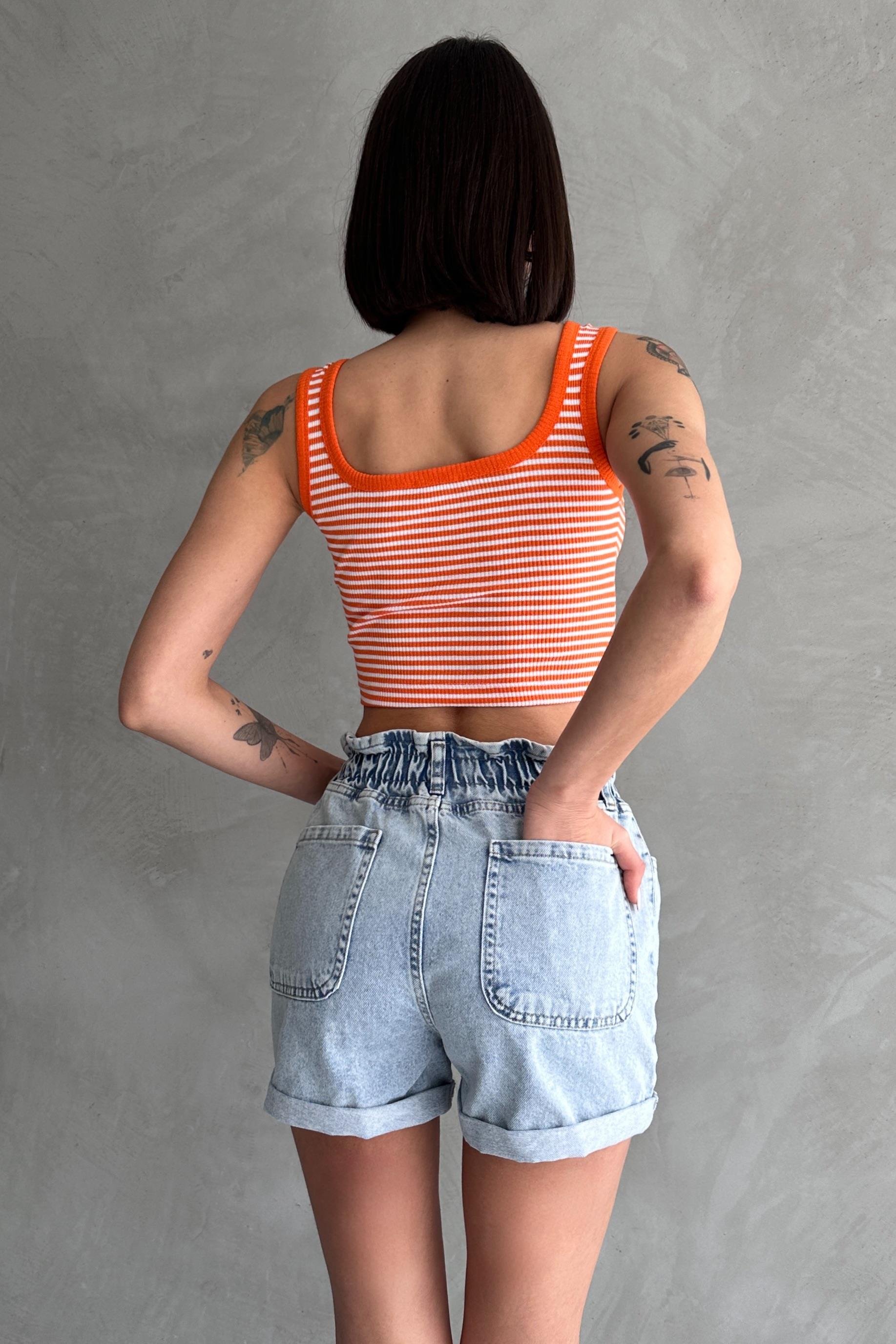 Beli Lastikli Pileli Duble Paça Denim Şort 