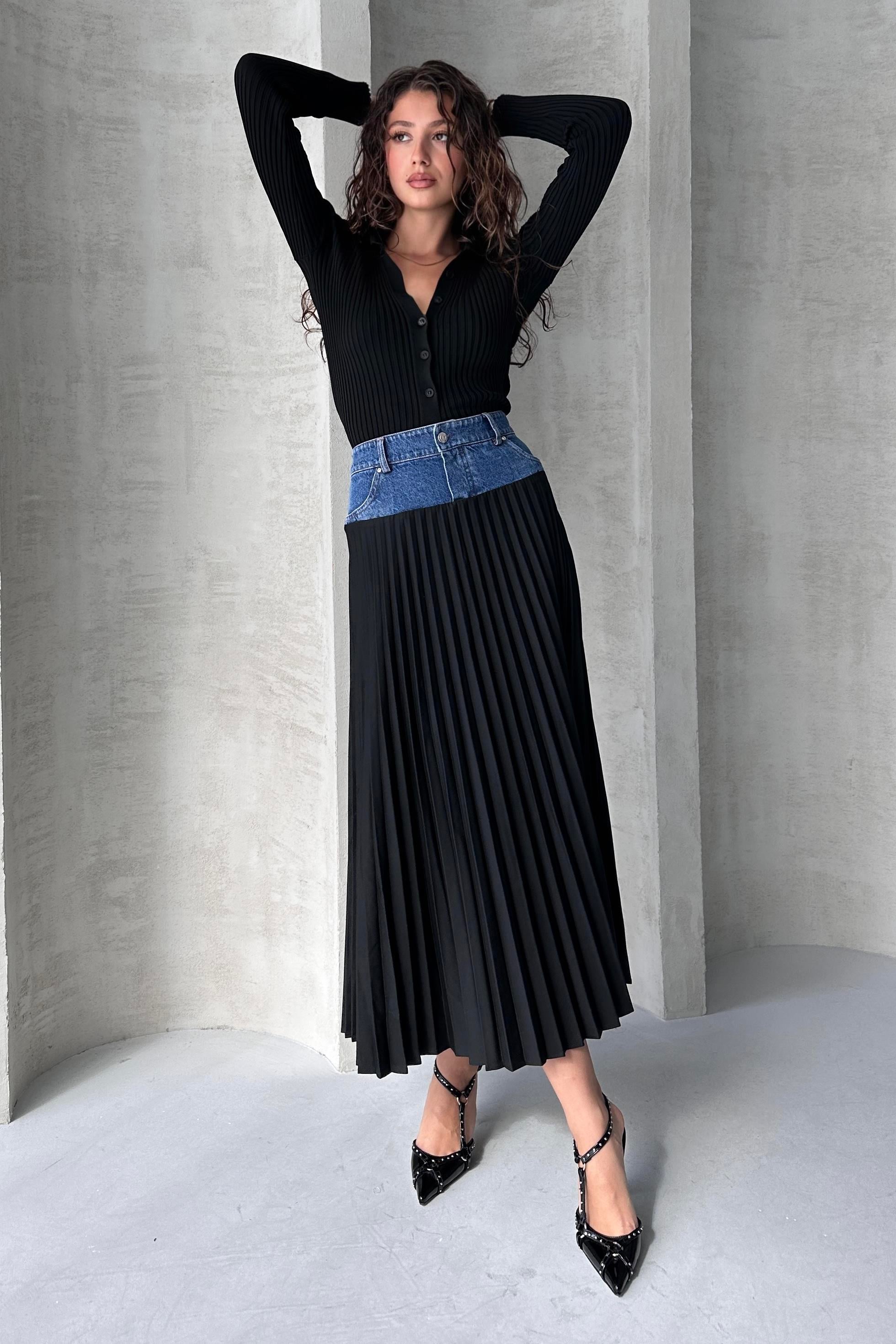 Denim Detay Pileli Etek