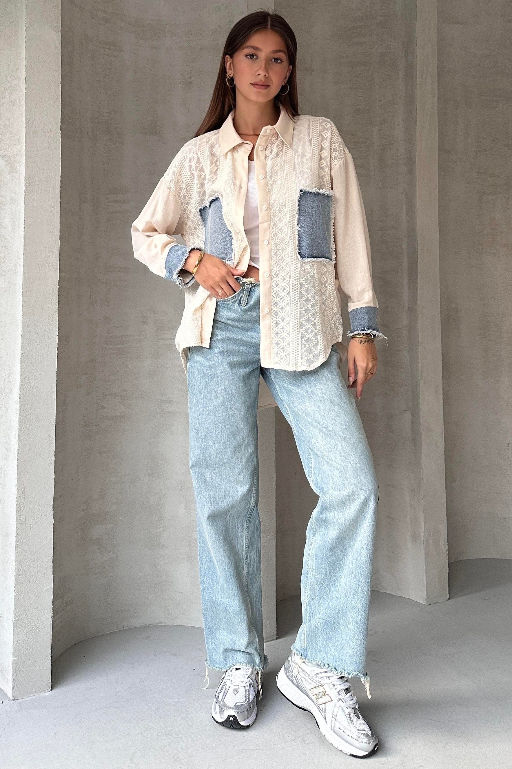 Denim Detaylı Garnili Gömlek