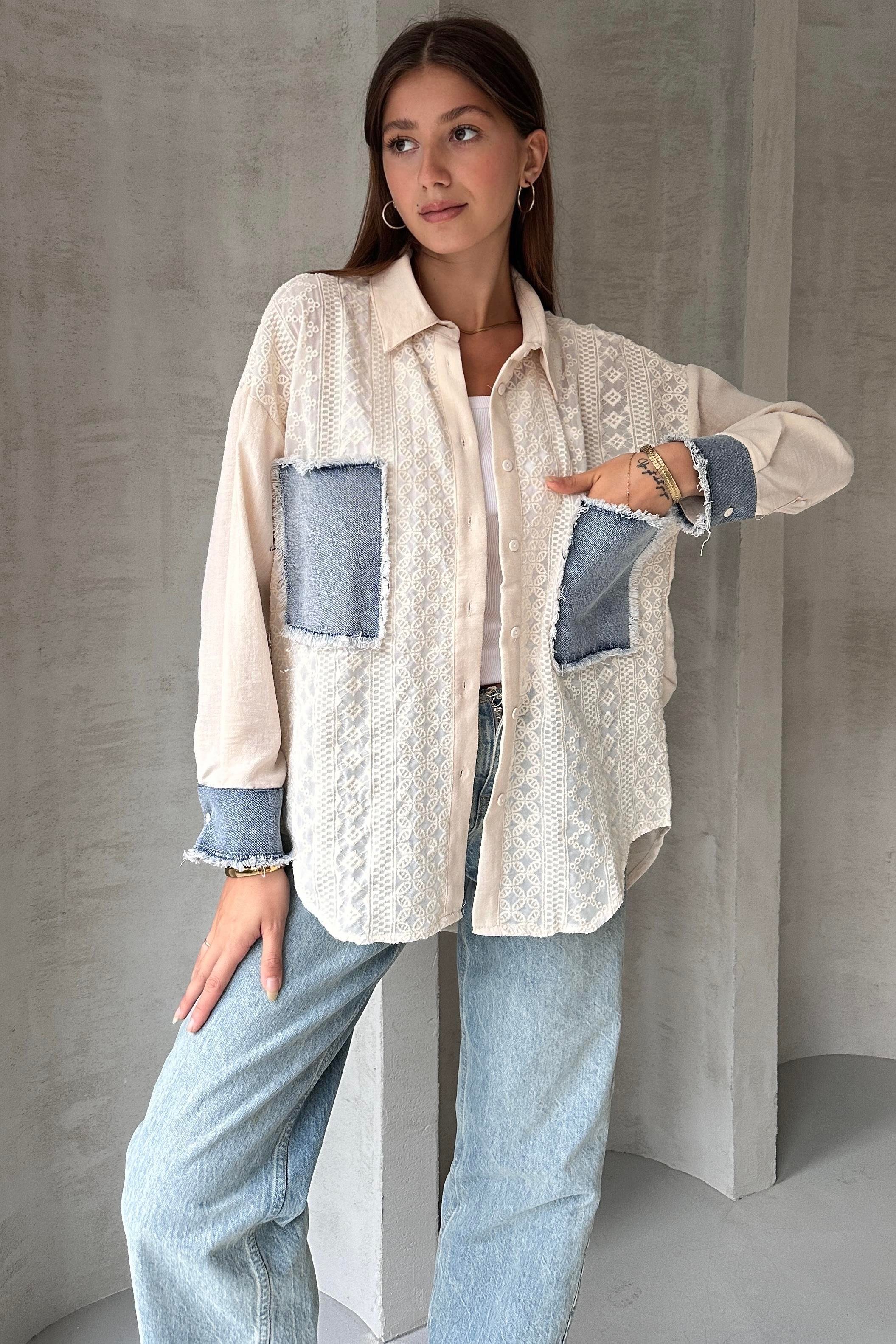 Denim Detaylı Garnili Gömlek