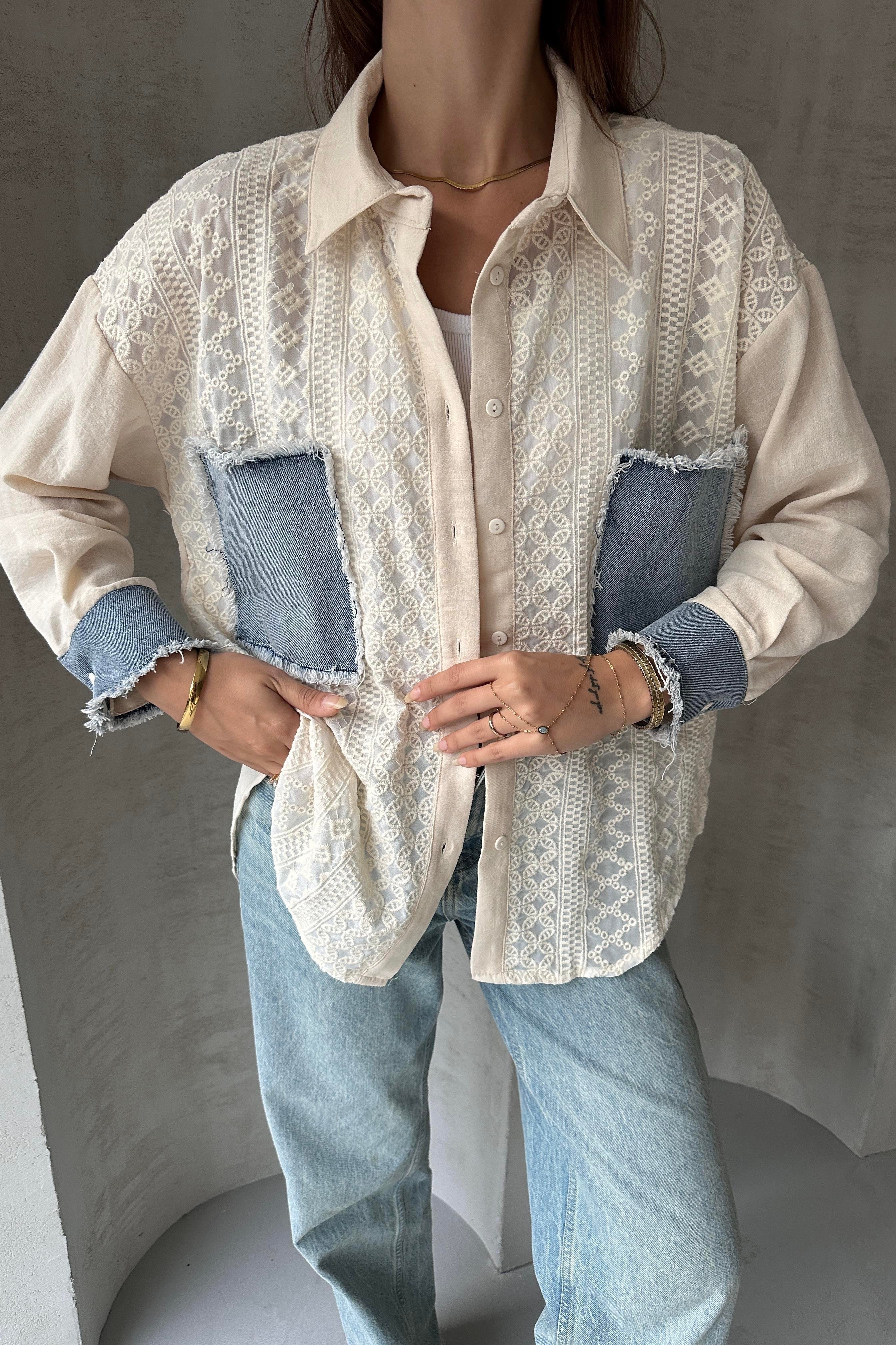 Denim Detaylı Garnili Gömlek