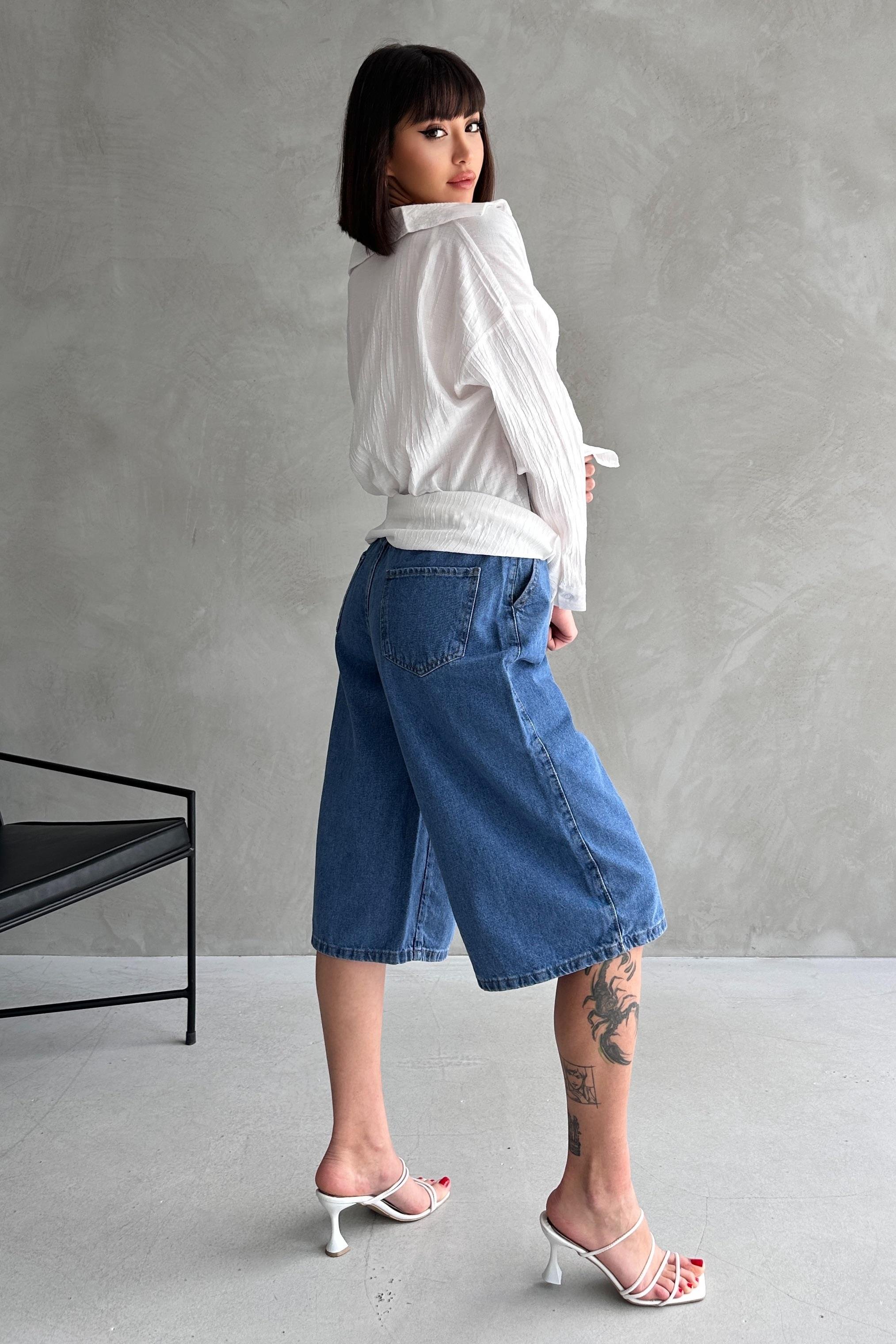 Diz Altı Geniş Kesim Tek Cepli Denim Bermuda