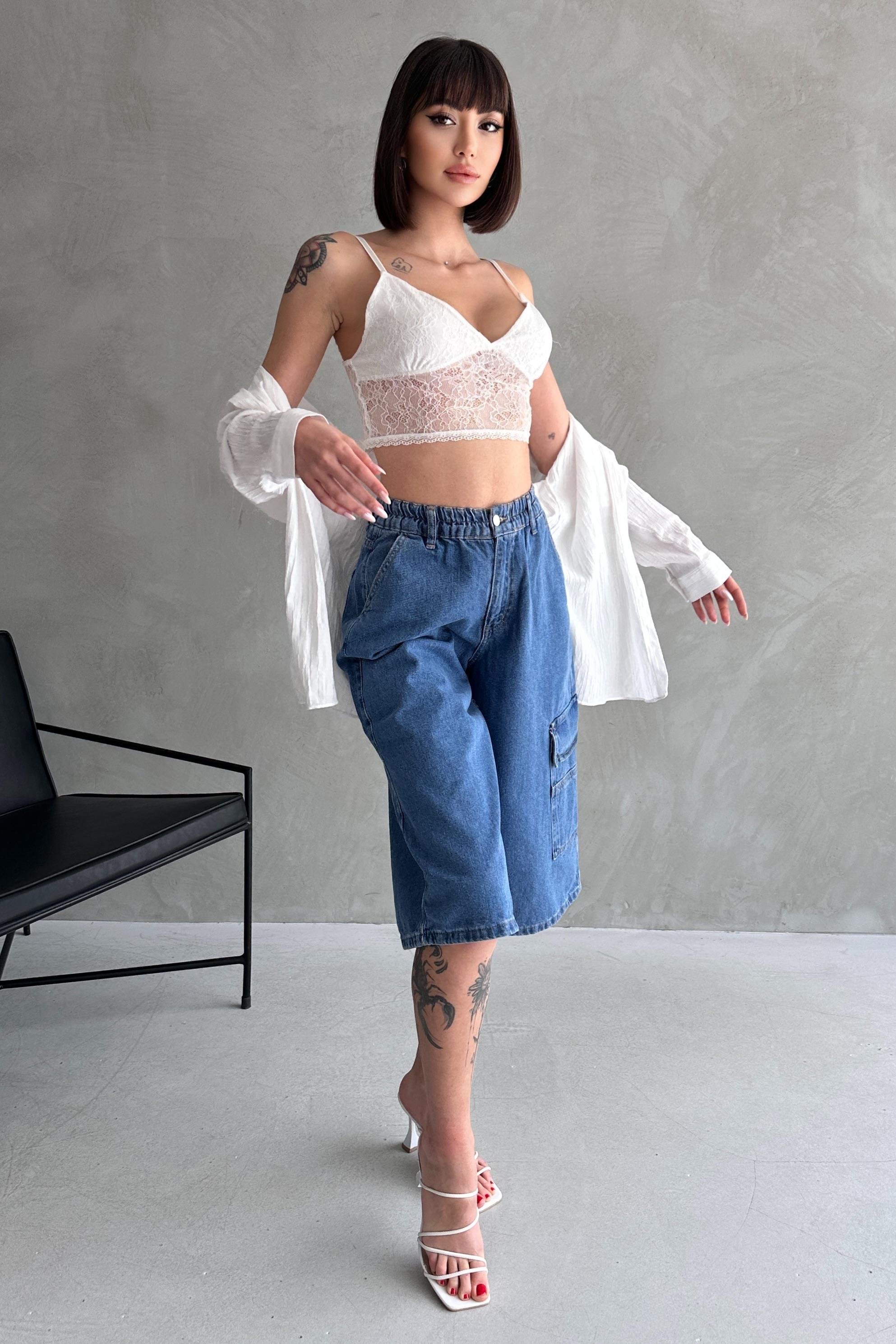 Diz Altı Geniş Kesim Tek Cepli Denim Bermuda