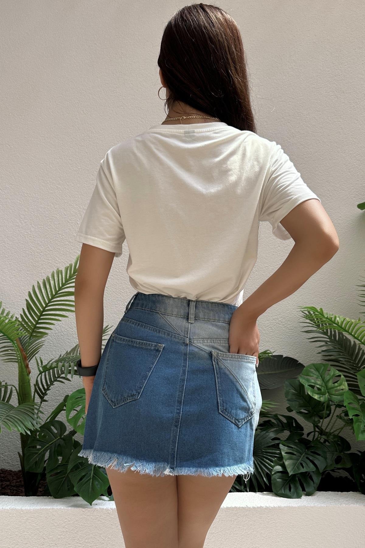 Kadın Etek Ucu Püsküllü Çift Renk Denim Mini Etek