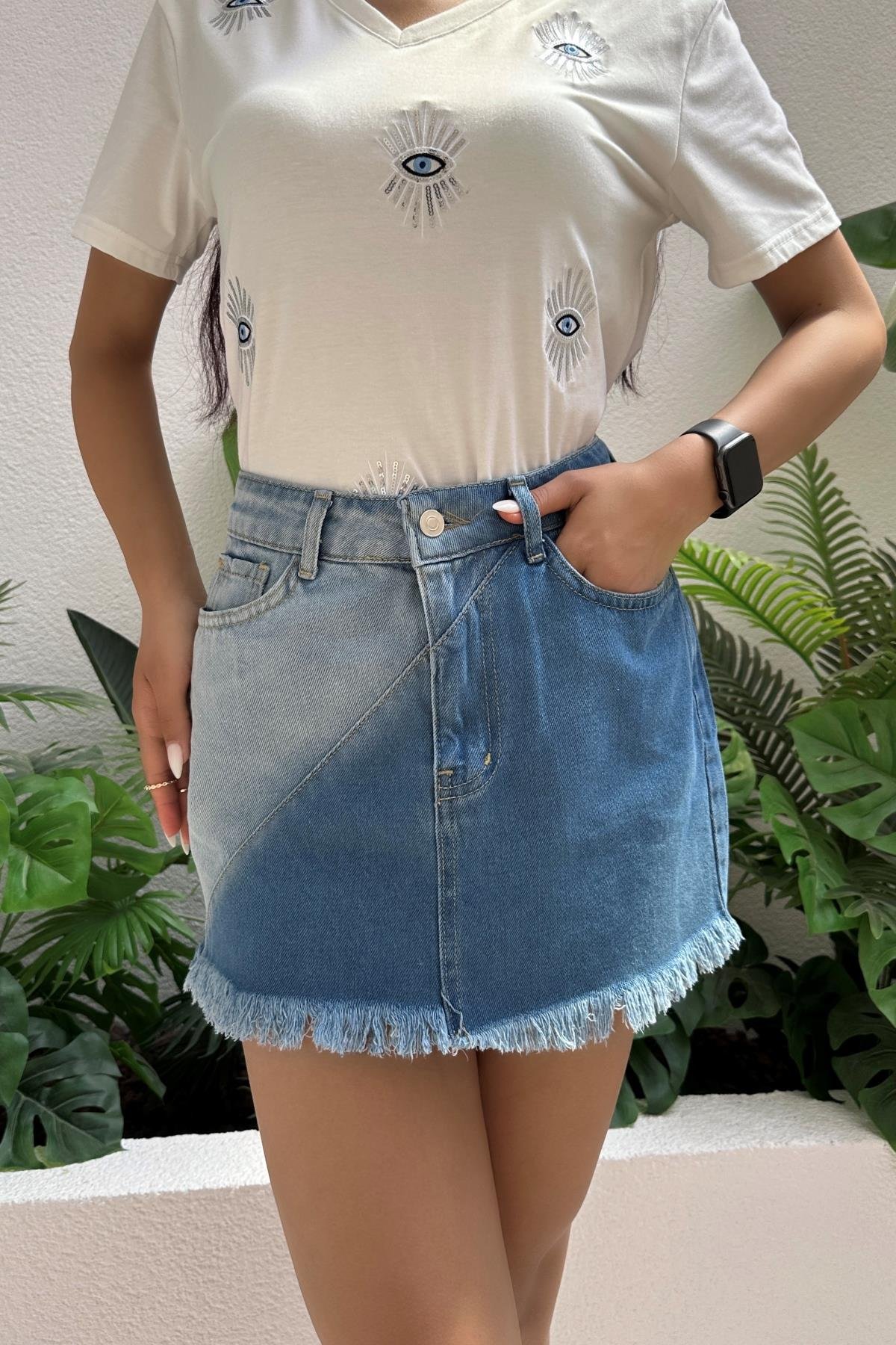 Kadın Etek Ucu Püsküllü Çift Renk Denim Mini Etek