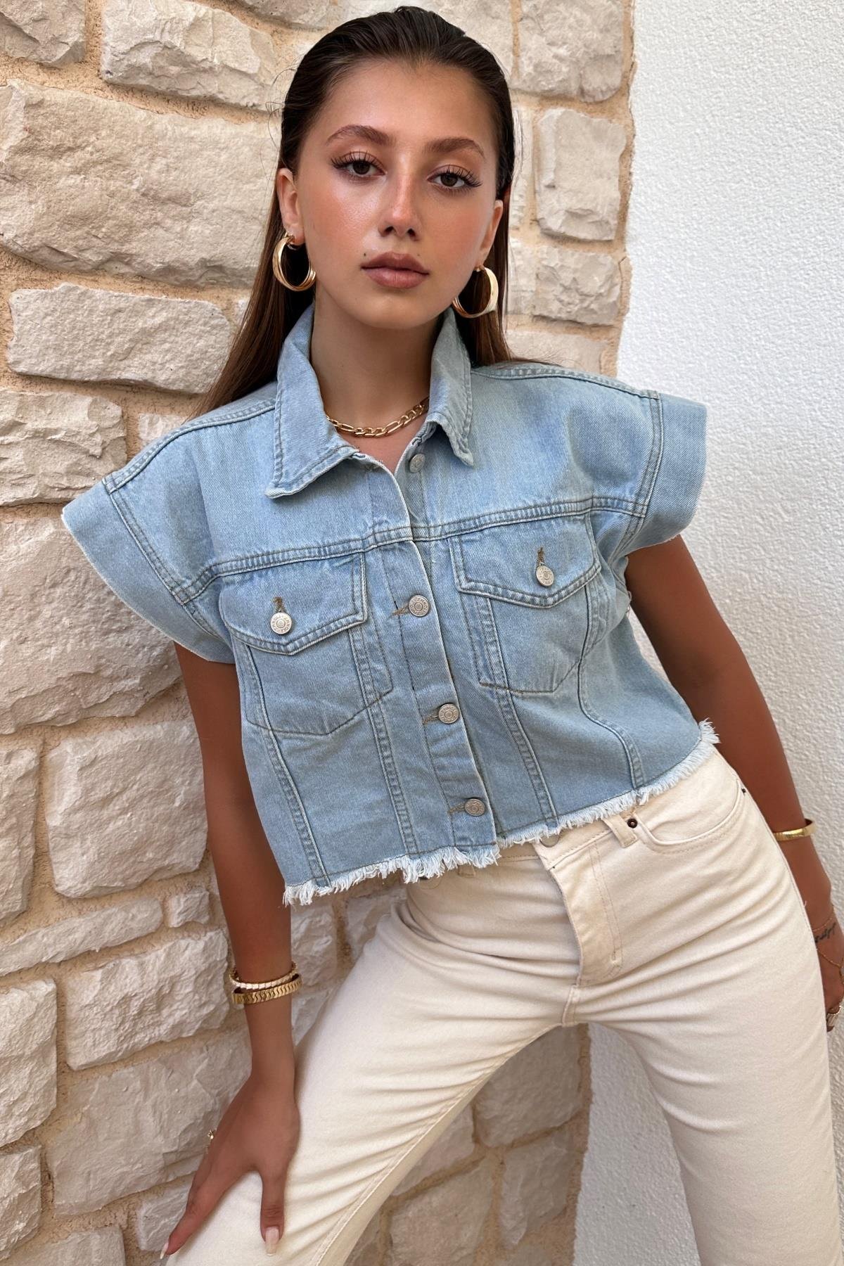 Kadın Etek Ucu Püsküllü Denim Yelek