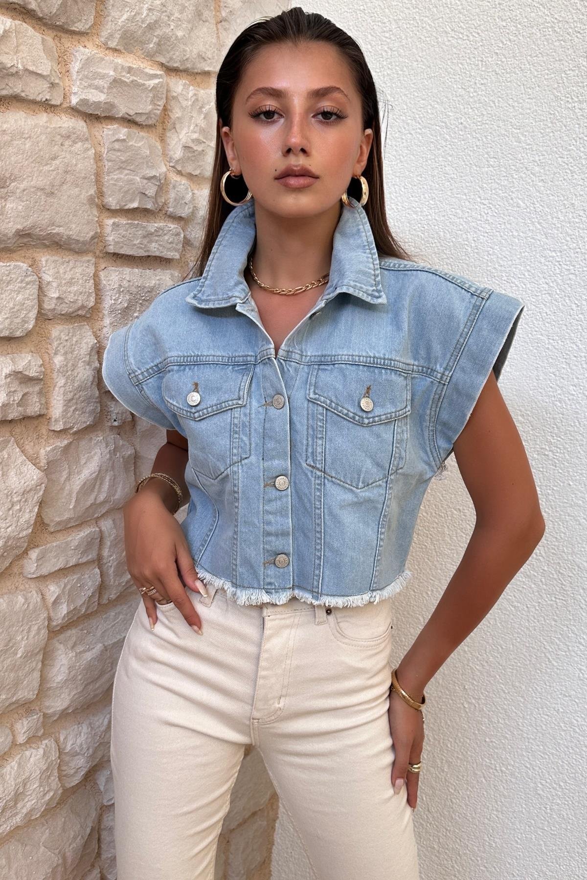Kadın Etek Ucu Püsküllü Denim Yelek