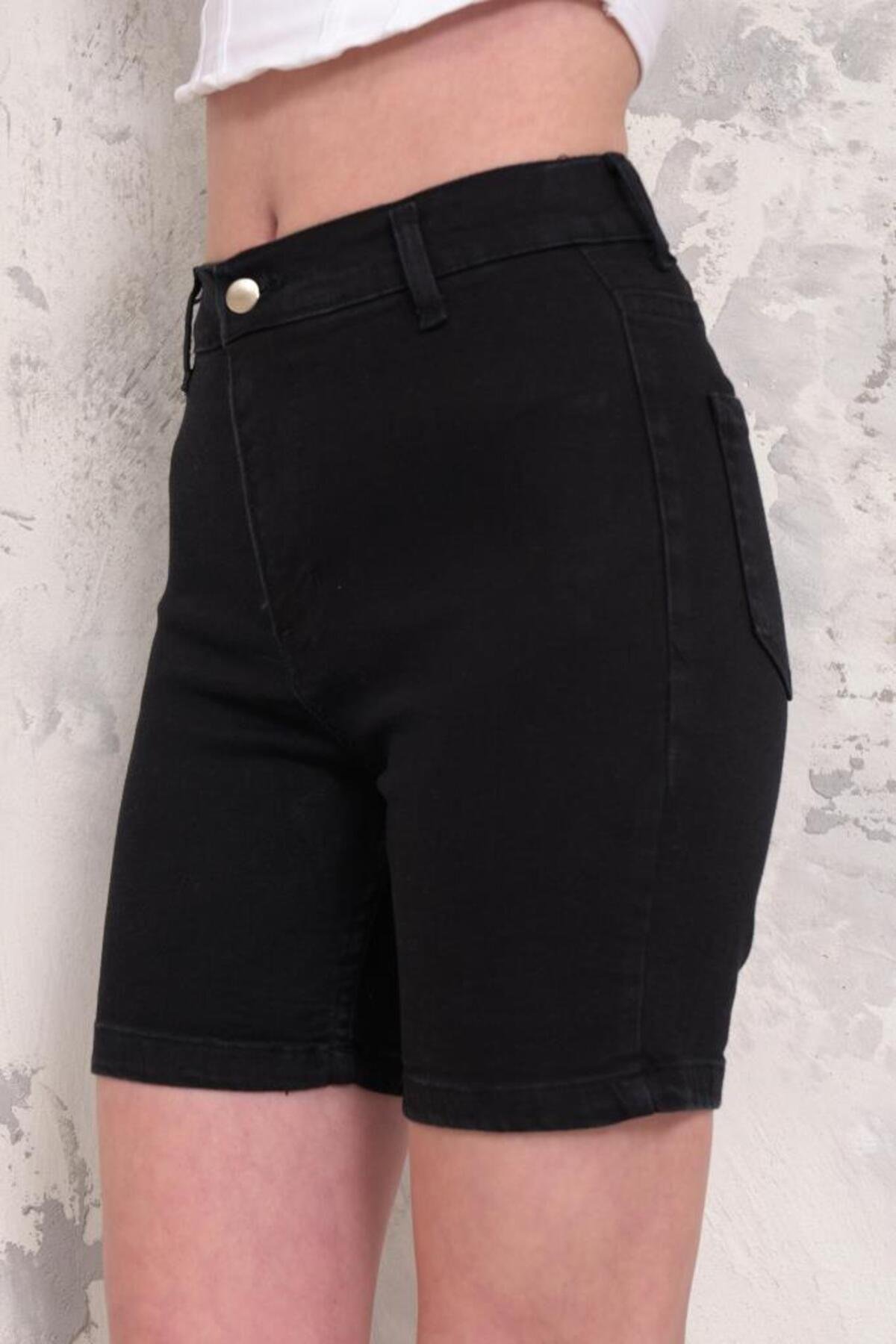 Kadın Likralı Düz Paça Denim Kısa Şort