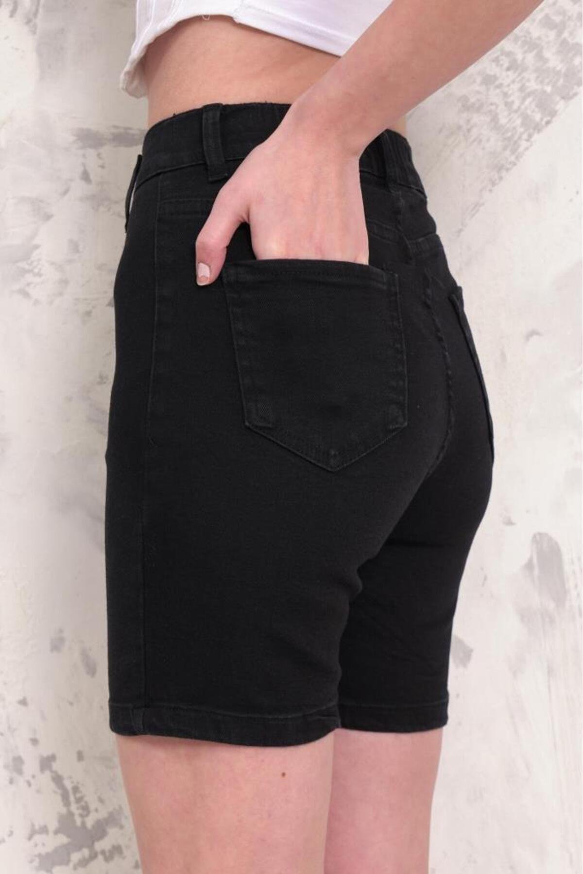 Kadın Likralı Düz Paça Denim Kısa Şort