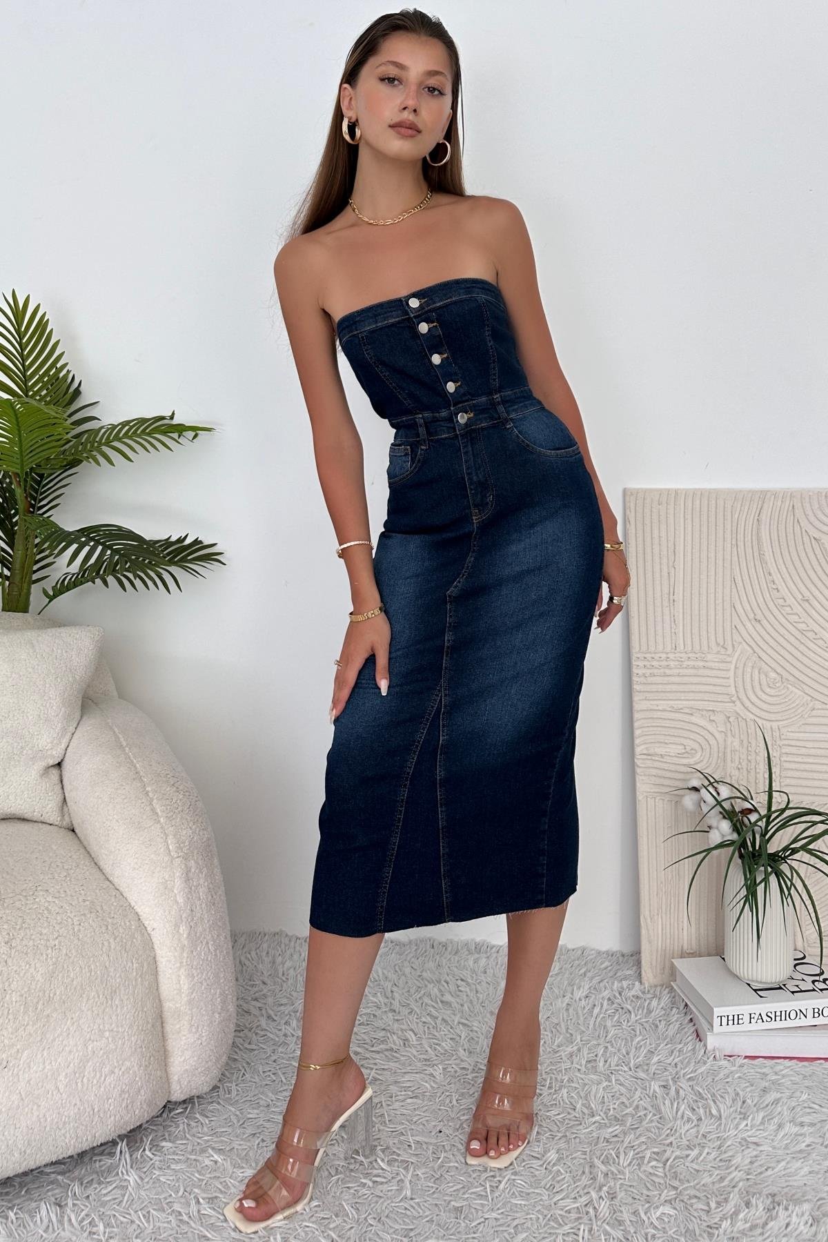 Kadın Likralı Yırtmaç Detaylı Straplez Denim Elbise