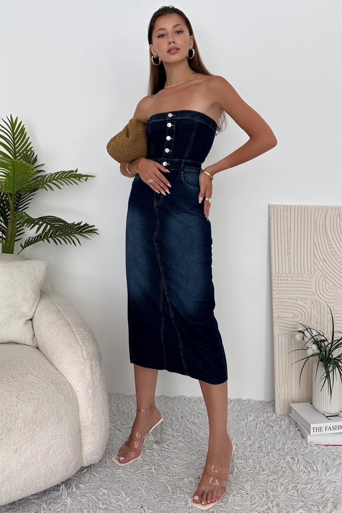 Kadın Likralı Yırtmaç Detaylı Straplez Denim Elbise
