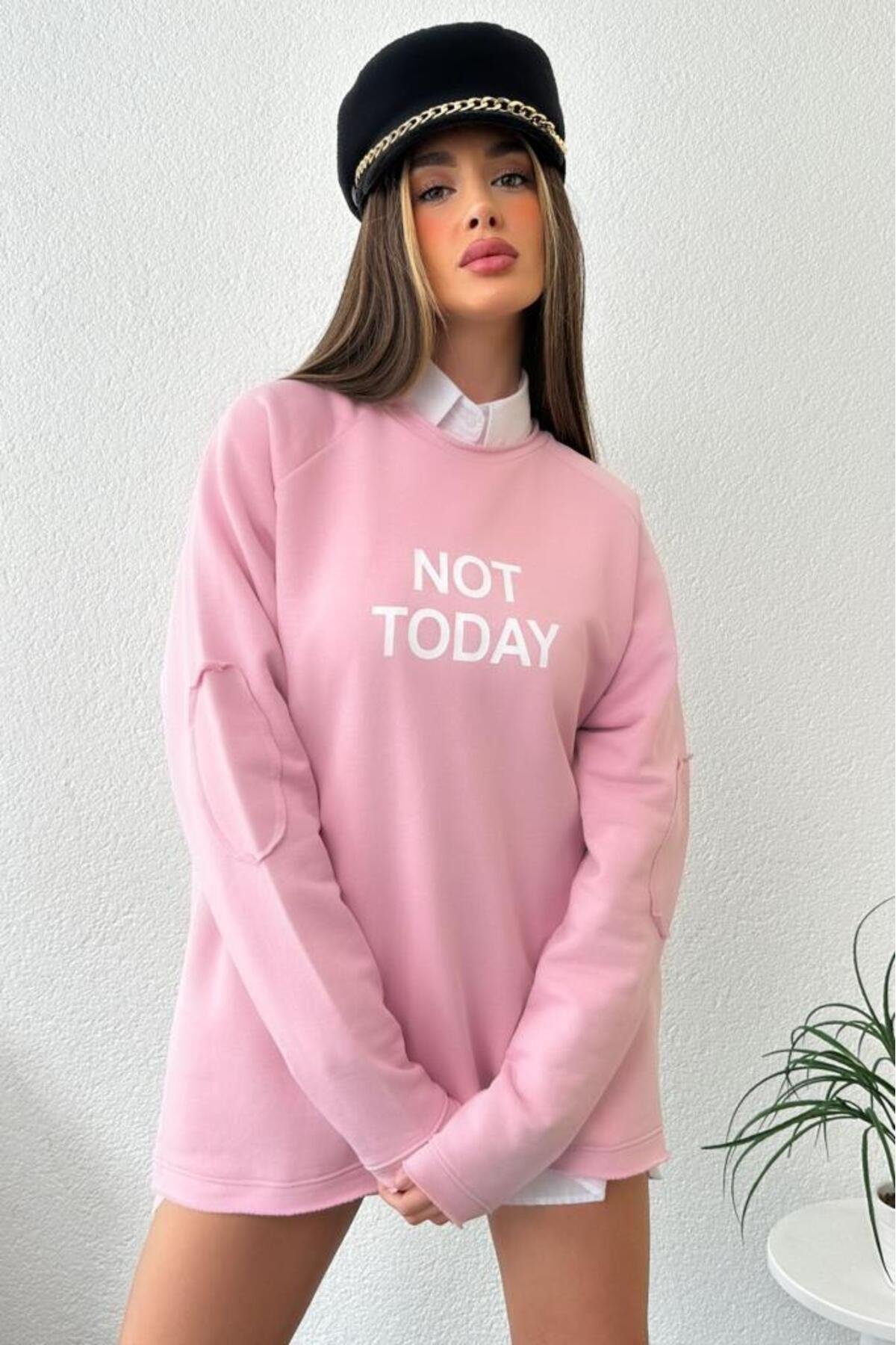 Kadın Oversize Not Today Baskılı Pembe Sweatshirt