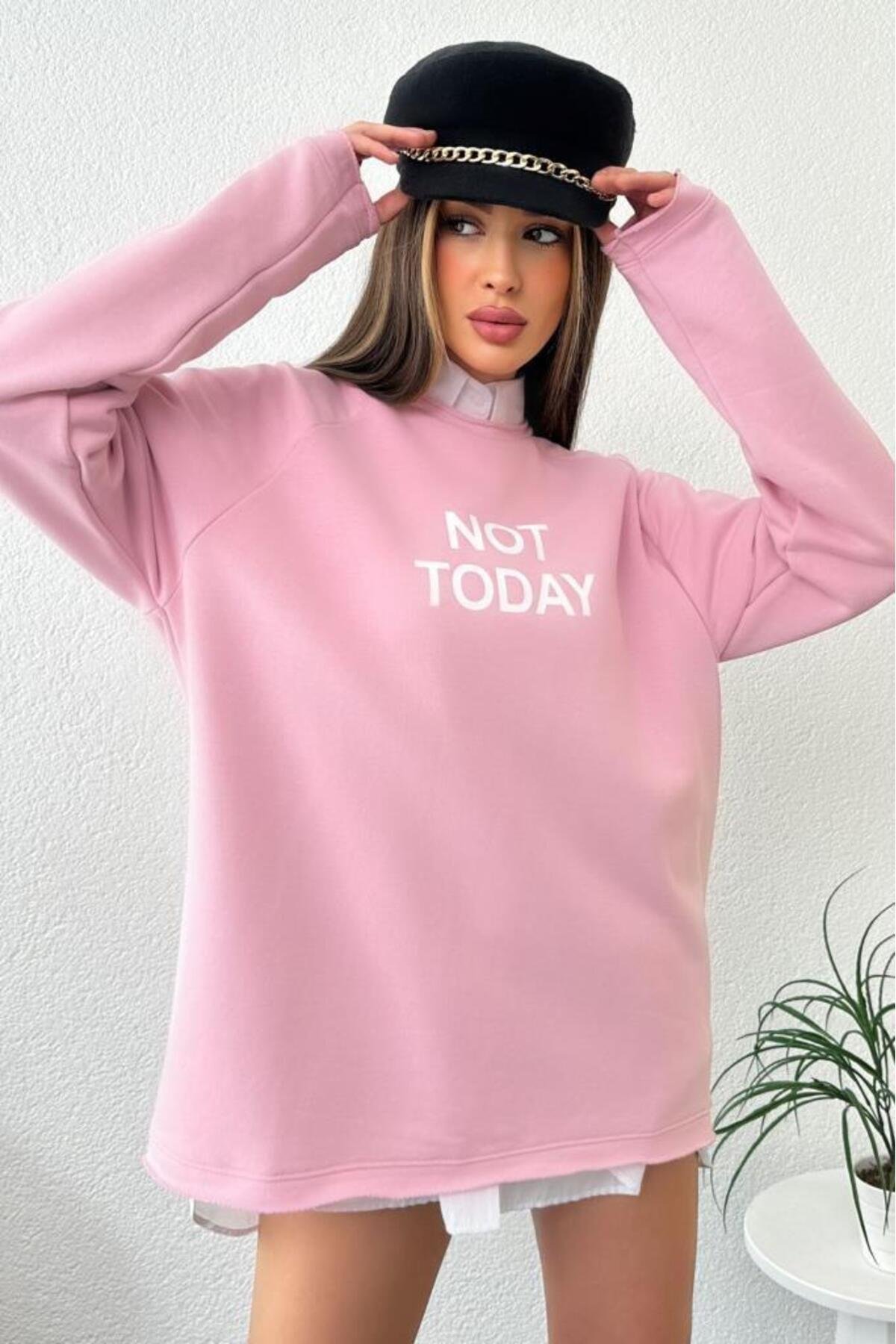 Kadın Oversize Not Today Baskılı Pembe Sweatshirt
