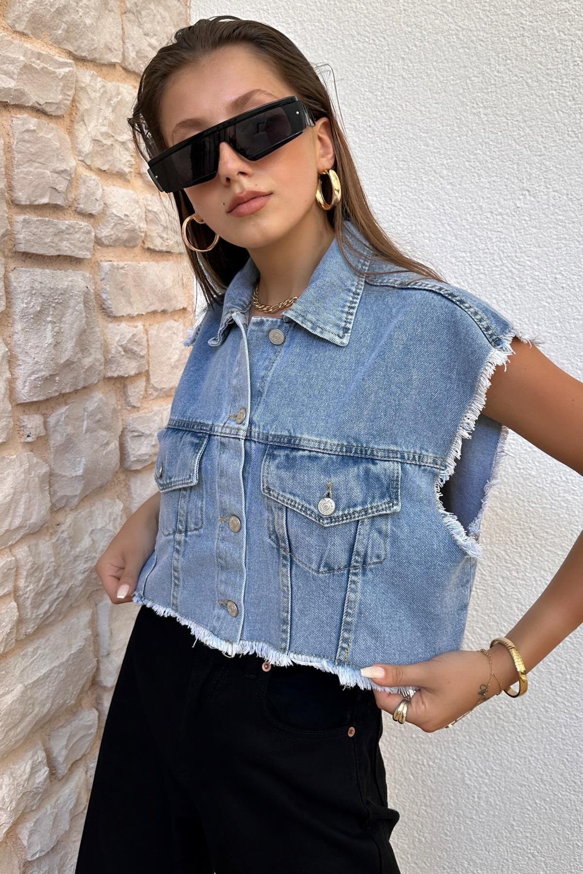 Kadın Püsküllü Denim Yelek