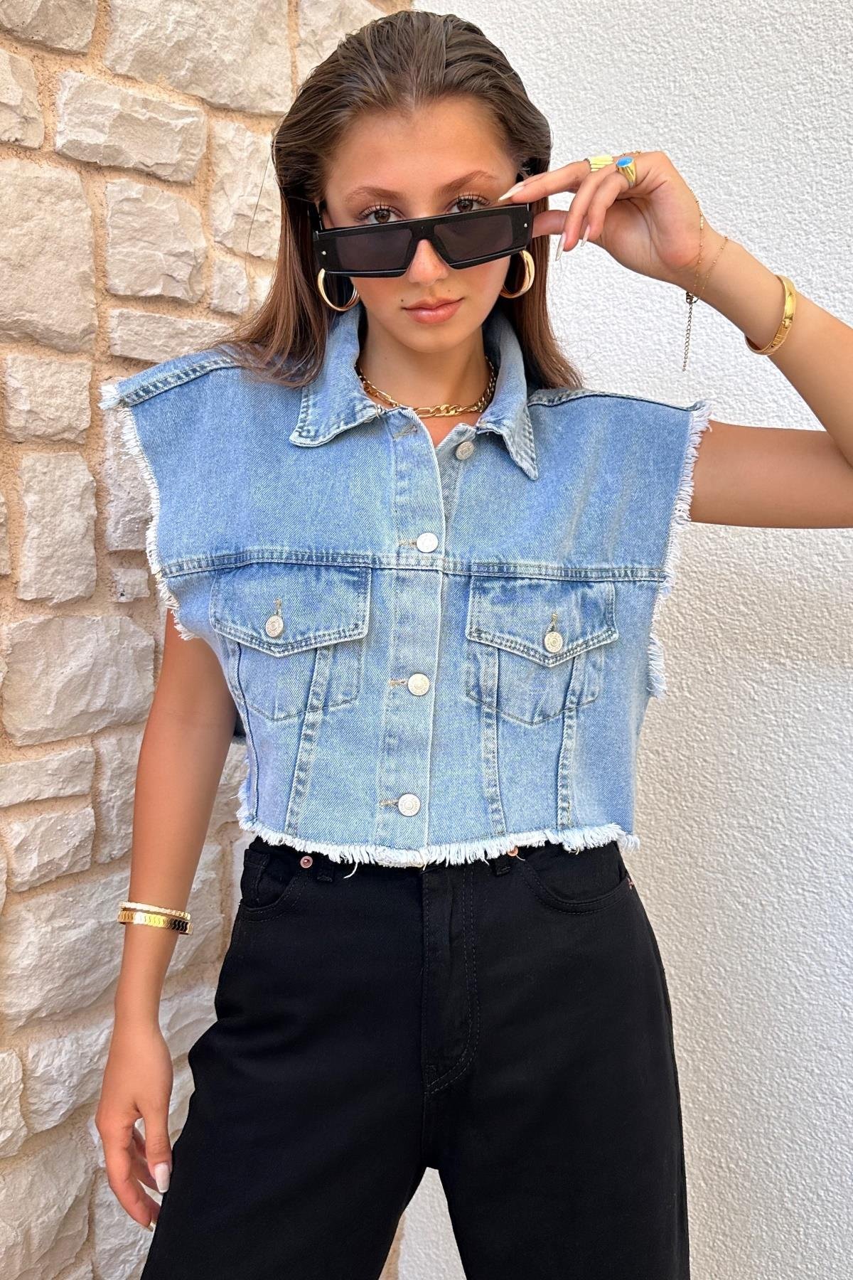 Kadın Püsküllü Denim Yelek