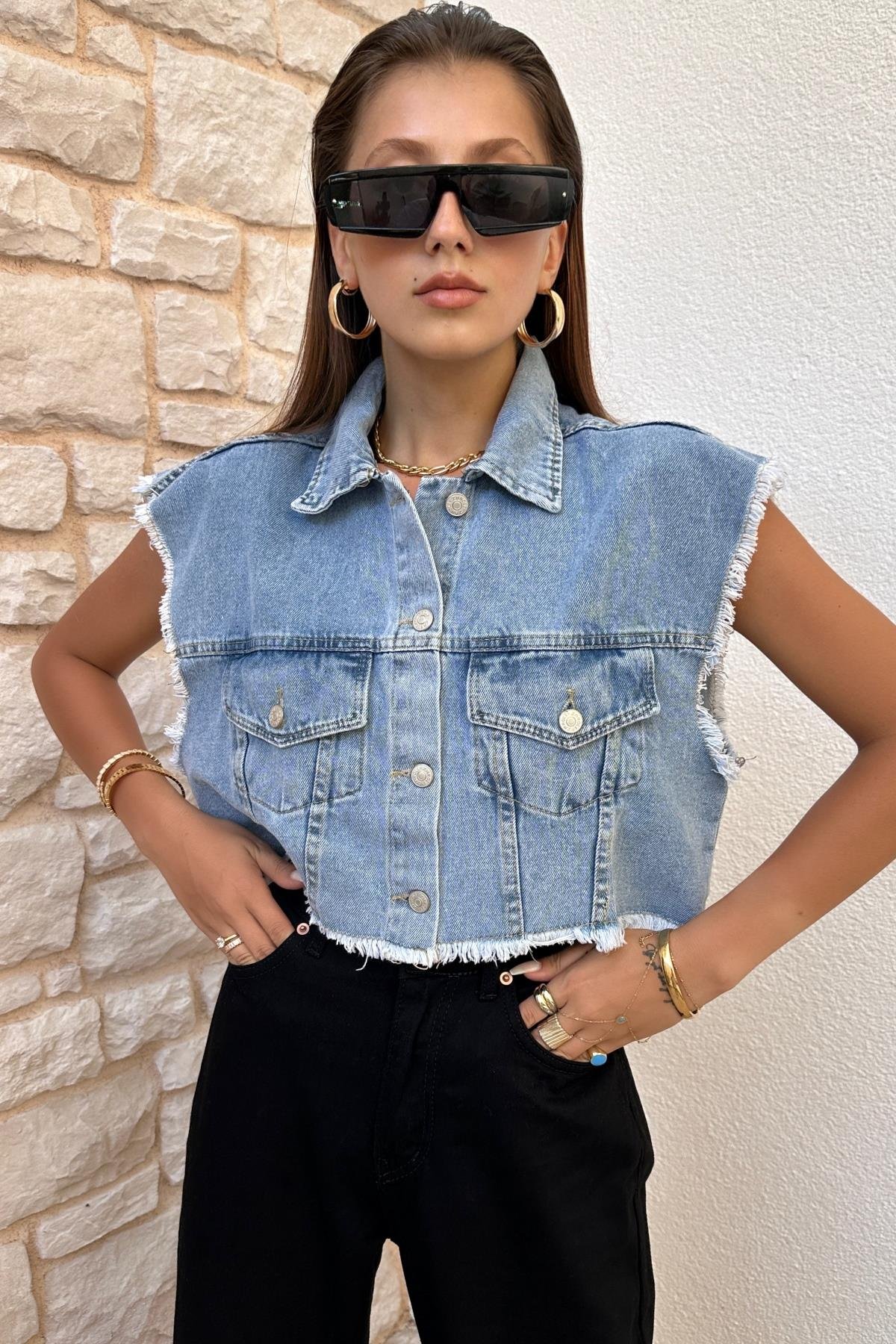 Kadın Püsküllü Denim Yelek