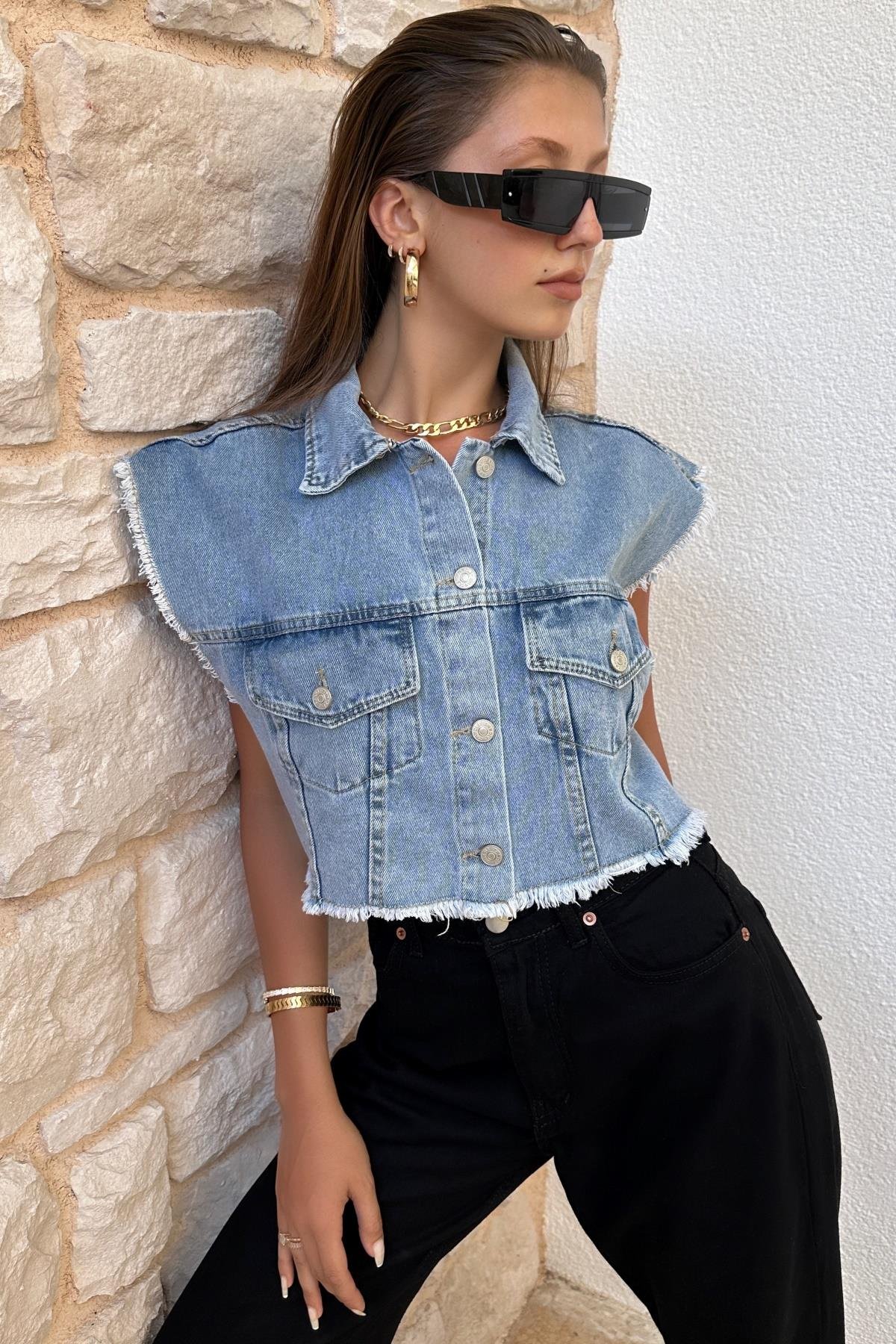 Kadın Püsküllü Denim Yelek