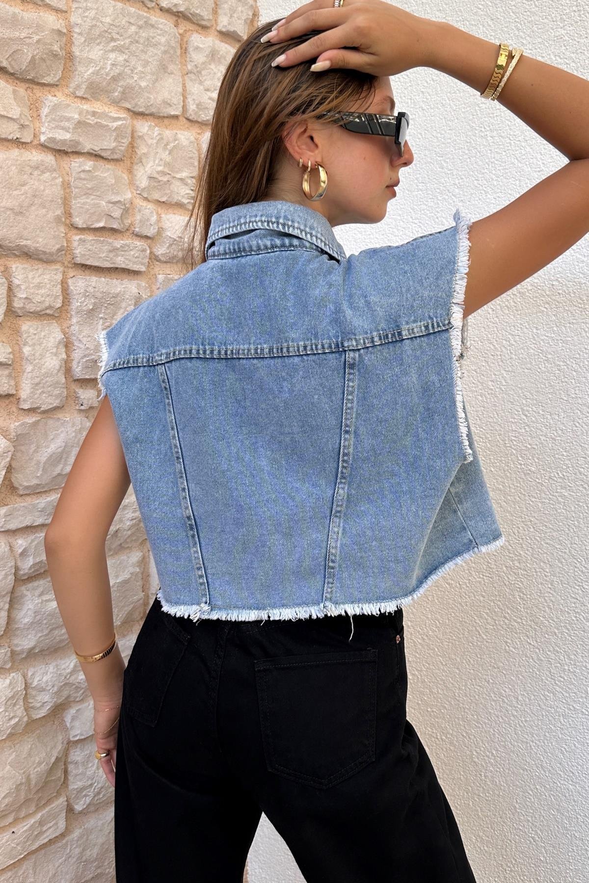 Kadın Püsküllü Denim Yelek
