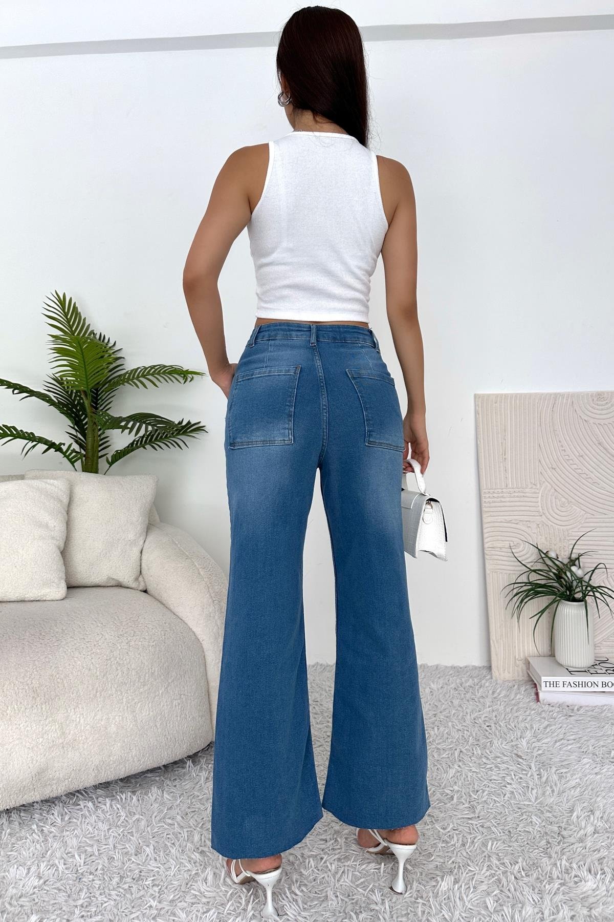 Kadın Yüksek Bel Likralı Geniş Dikişsiz Paça Jean Pantolon