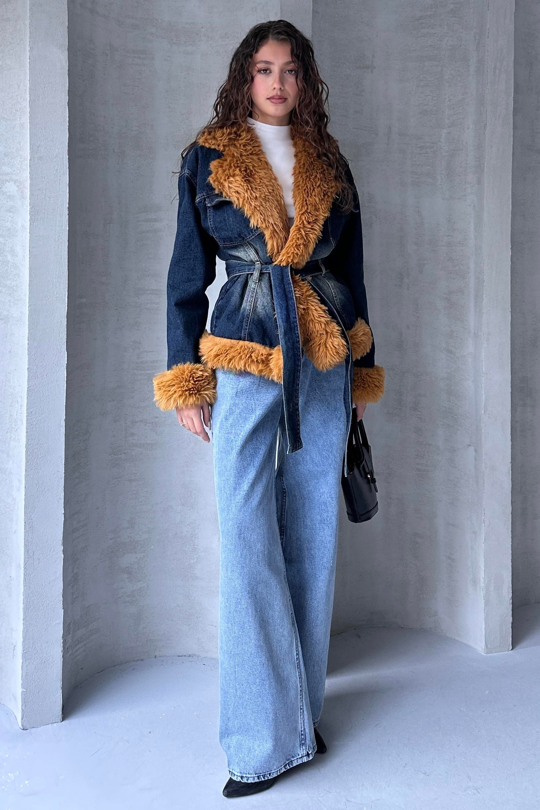 Kemerli Denim Kürk Ceket