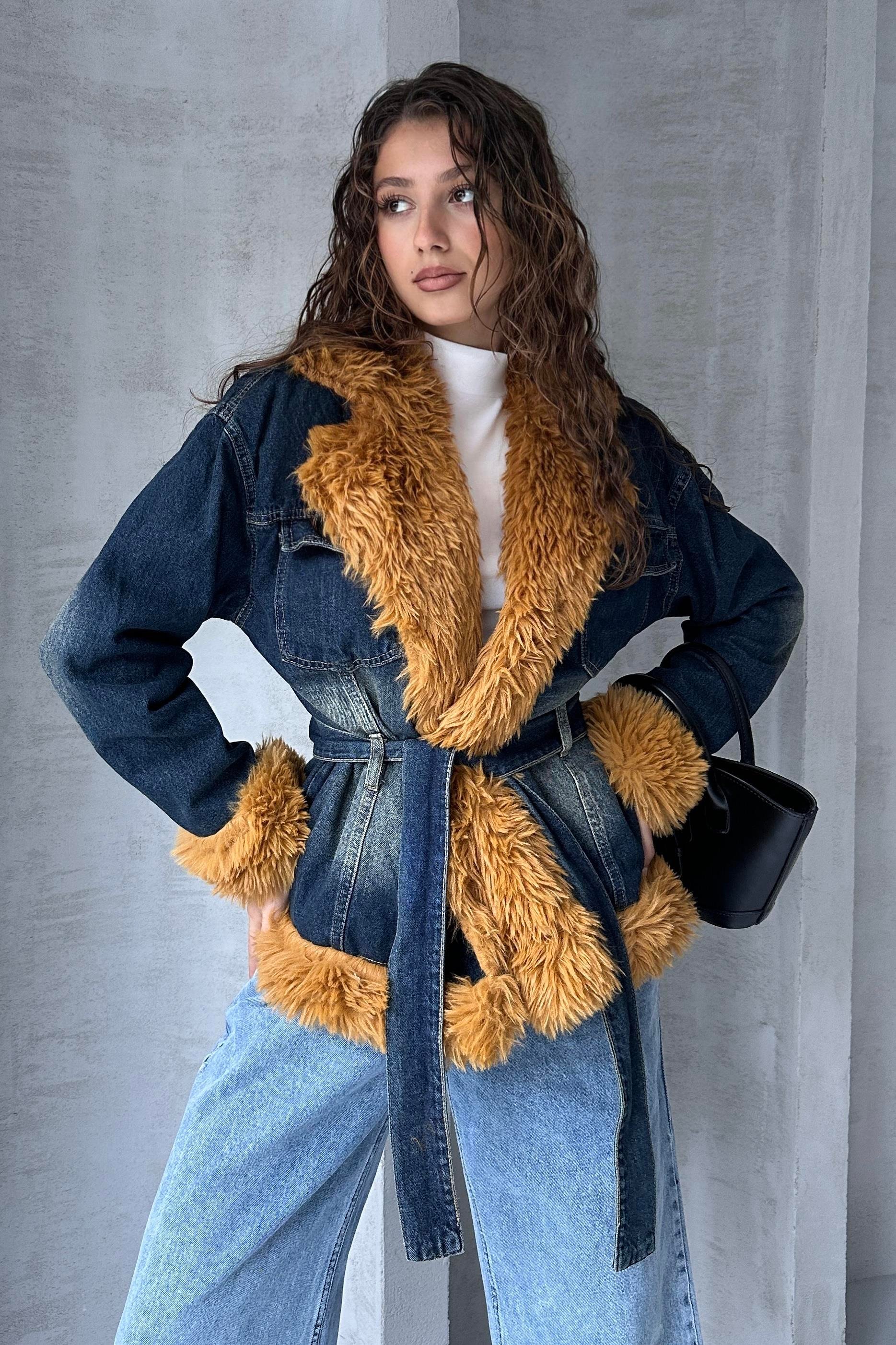 Kemerli Denim Kürk Ceket