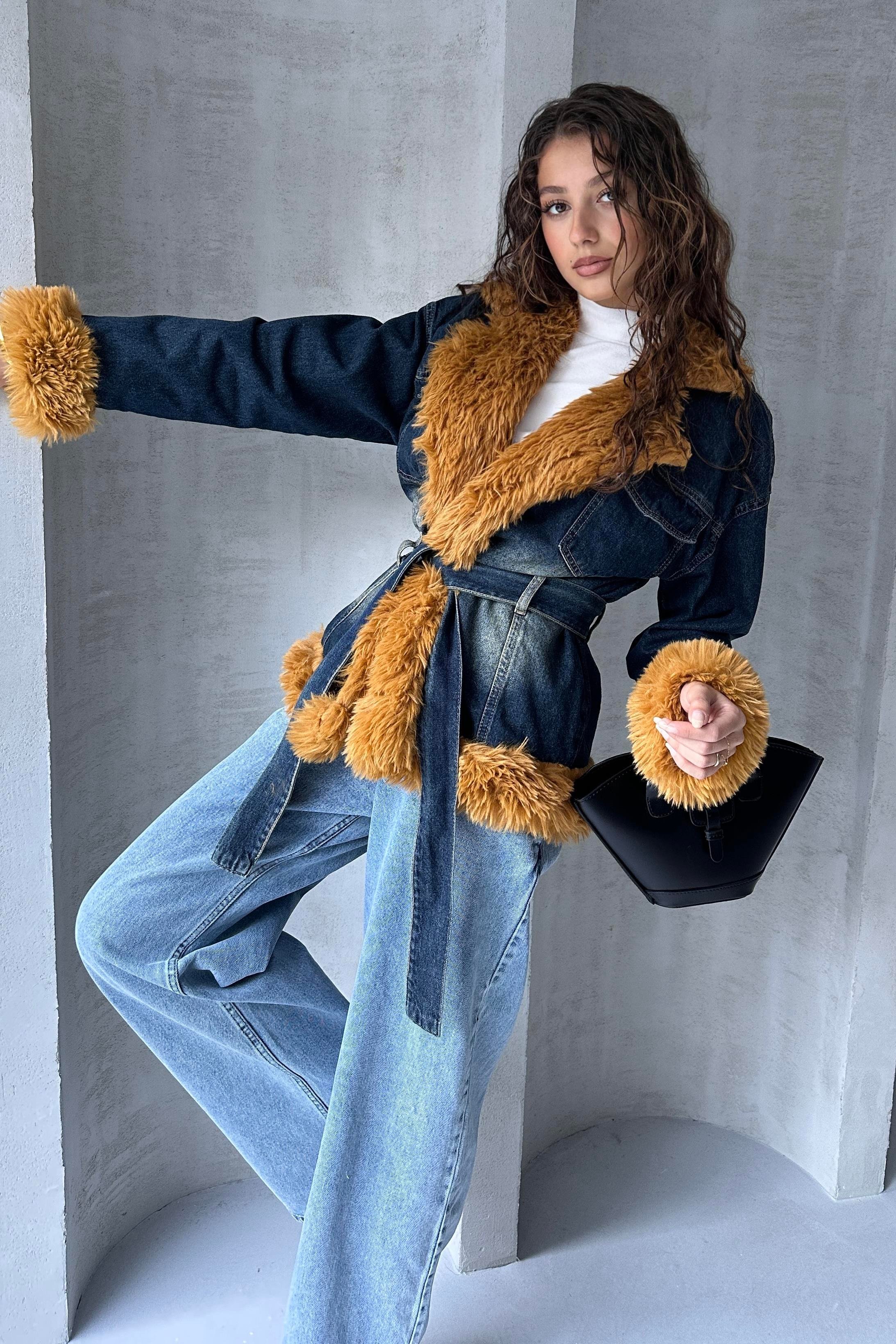 Kemerli Denim Kürk Ceket