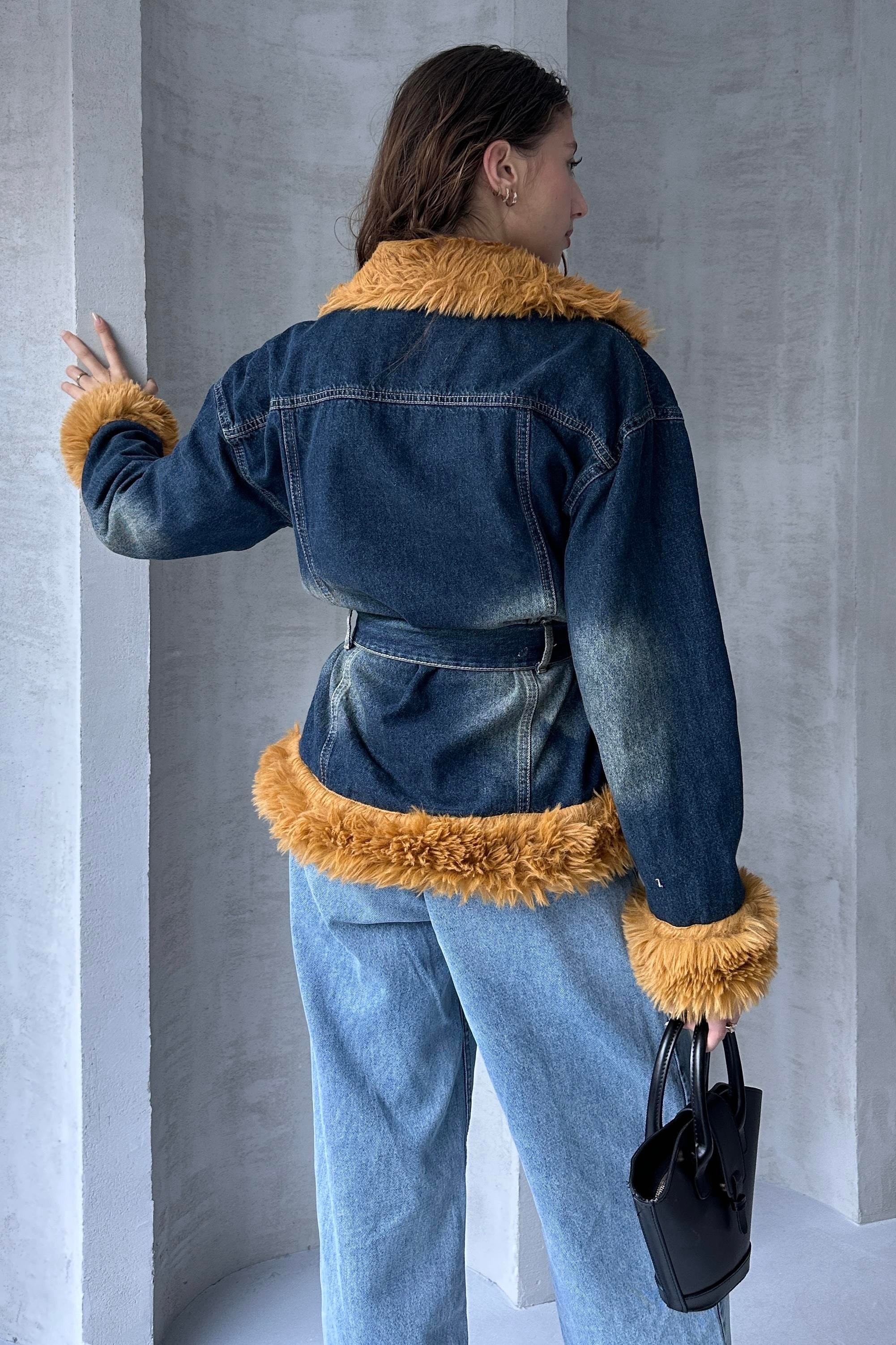 Kemerli Denim Kürk Ceket