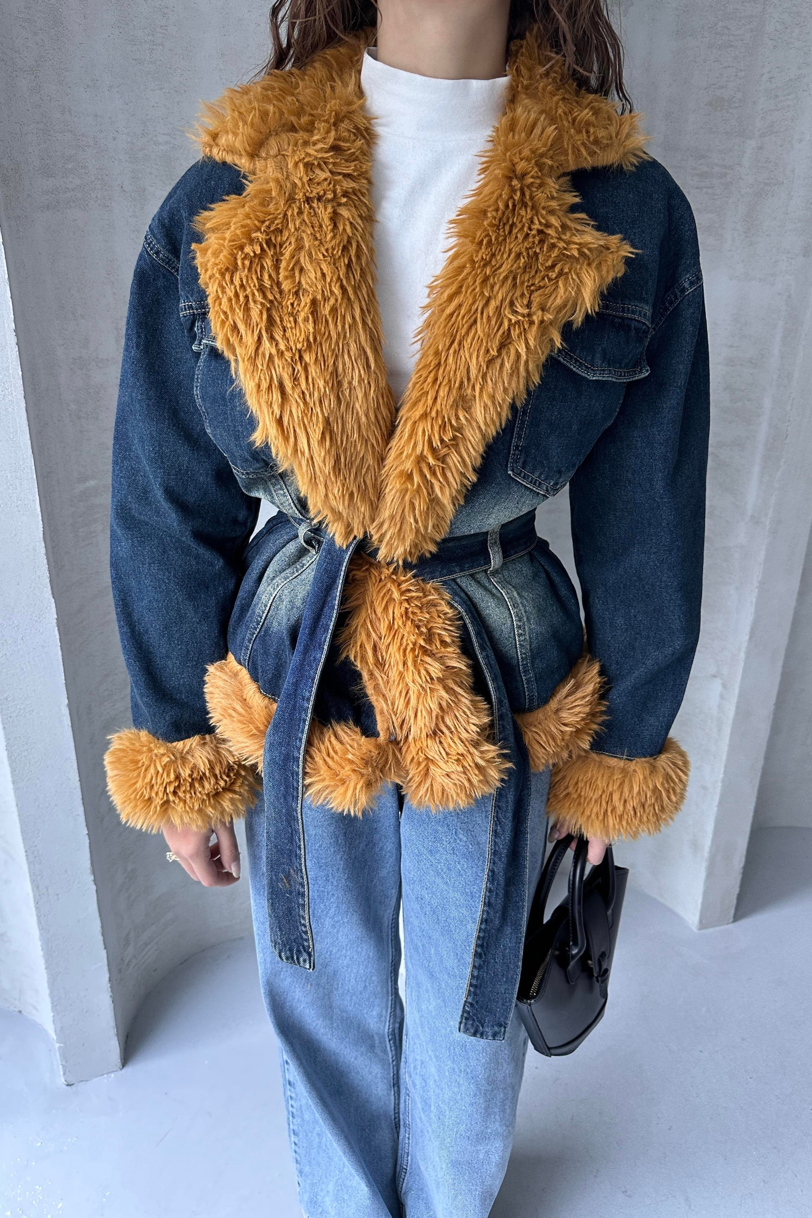 Kemerli Denim Kürk Ceket