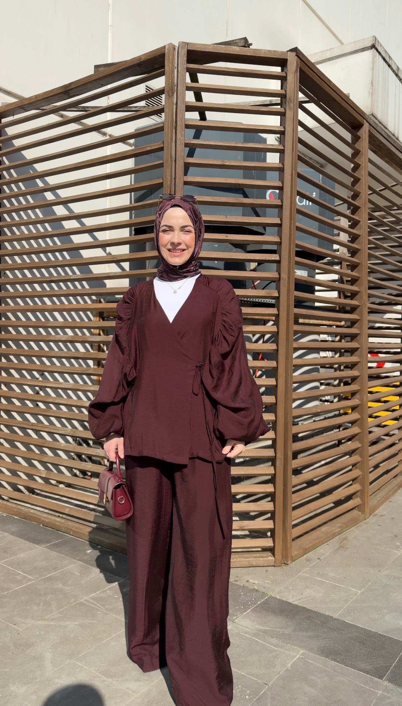 BORDO RENK  BALON KOL BÜZGÜ MODEL KİMONA  TAKIM 