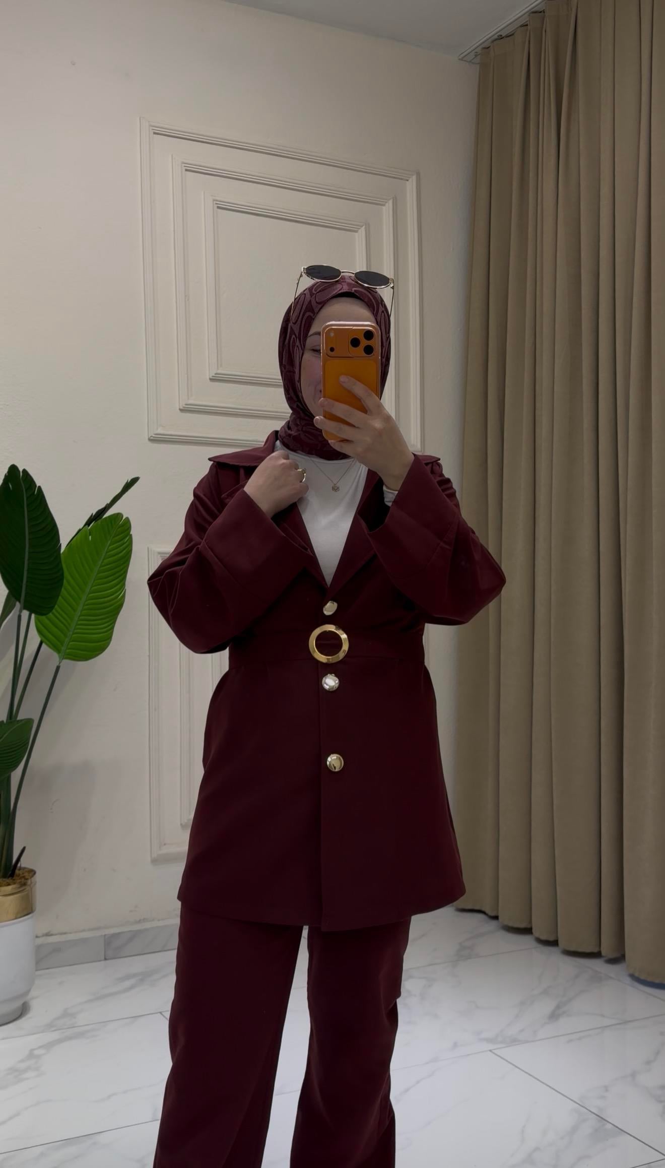 BORDO RENK  SOFİA KUMAŞ KEMERLİ  TAKIM 