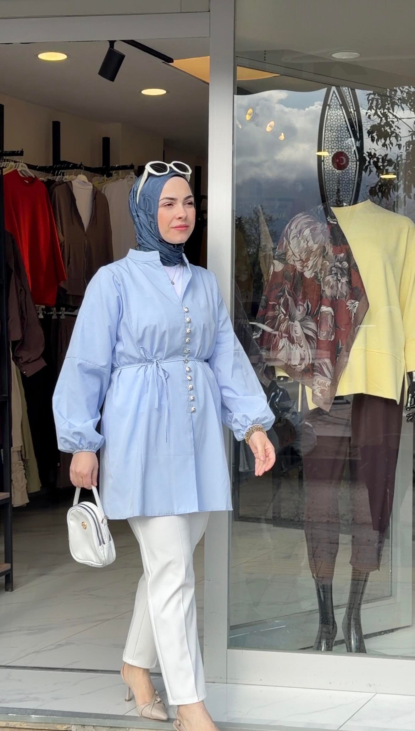 BUZ MAVİSİ  POPLİN KUMAŞ PRENSES MODEL GÖMLEK 