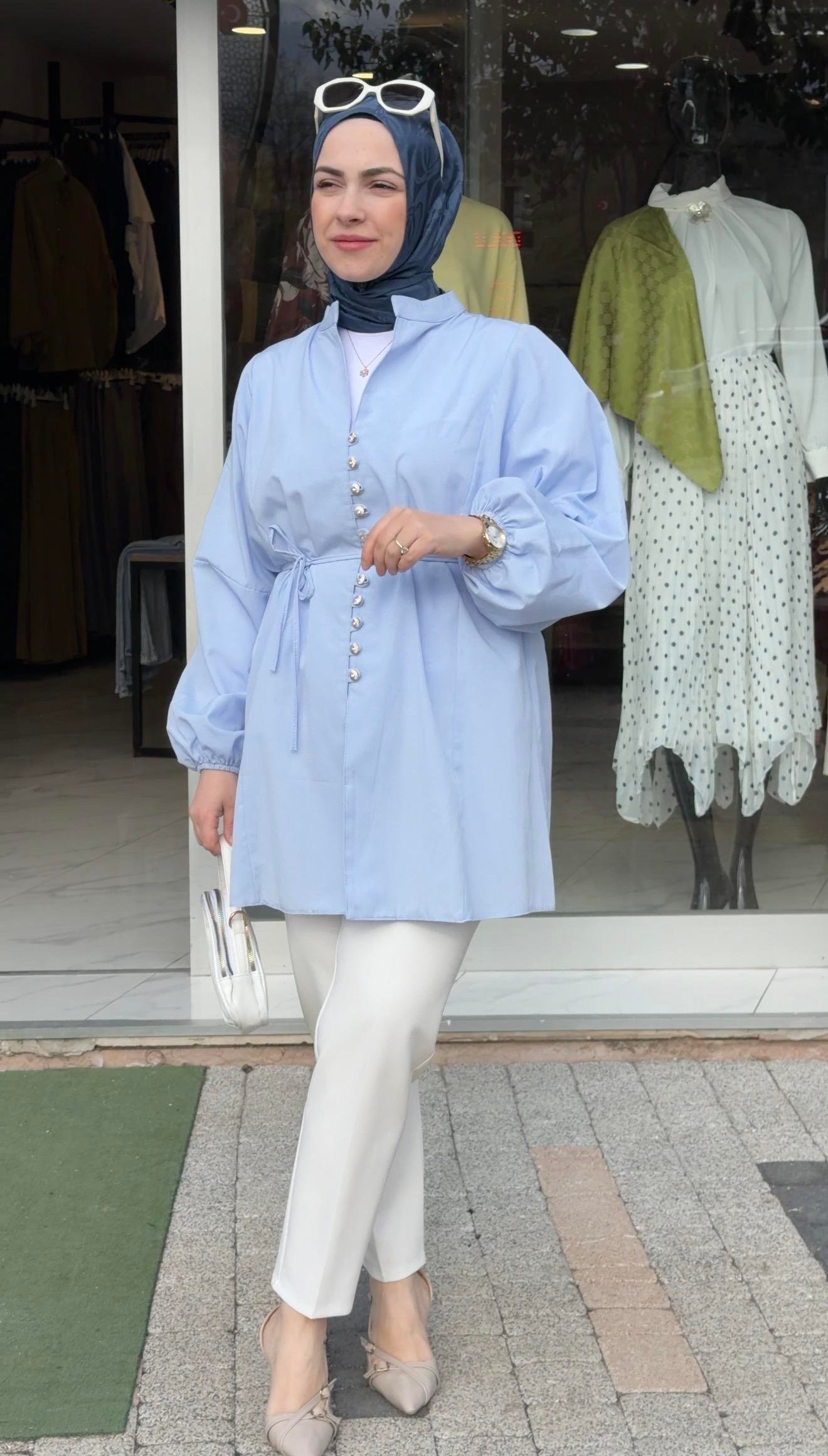 BUZ MAVİSİ  POPLİN KUMAŞ PRENSES MODEL GÖMLEK 