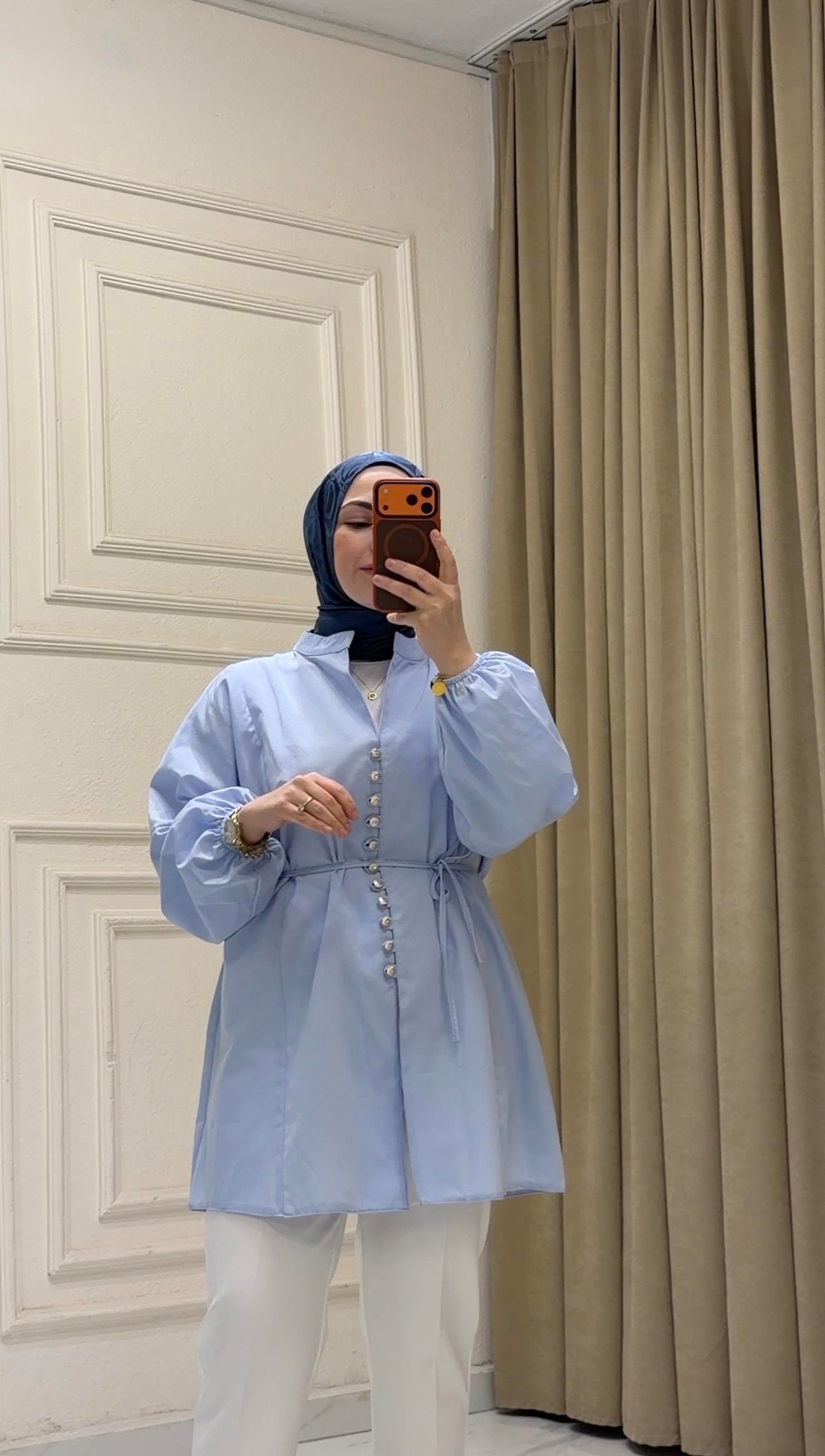 BUZ MAVİSİ  POPLİN KUMAŞ PRENSES MODEL GÖMLEK 