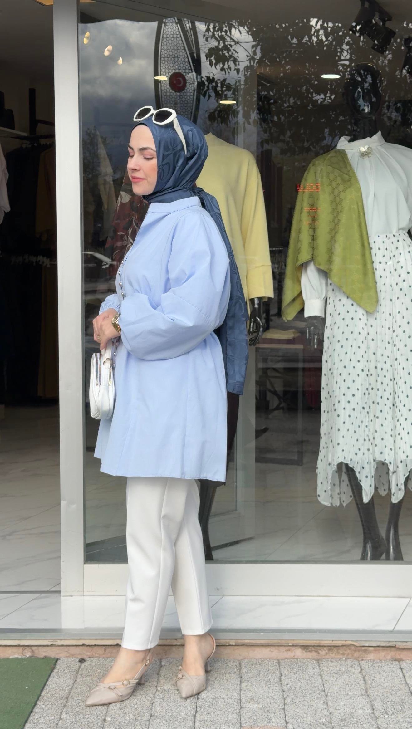 BUZ MAVİSİ  POPLİN KUMAŞ PRENSES MODEL GÖMLEK 